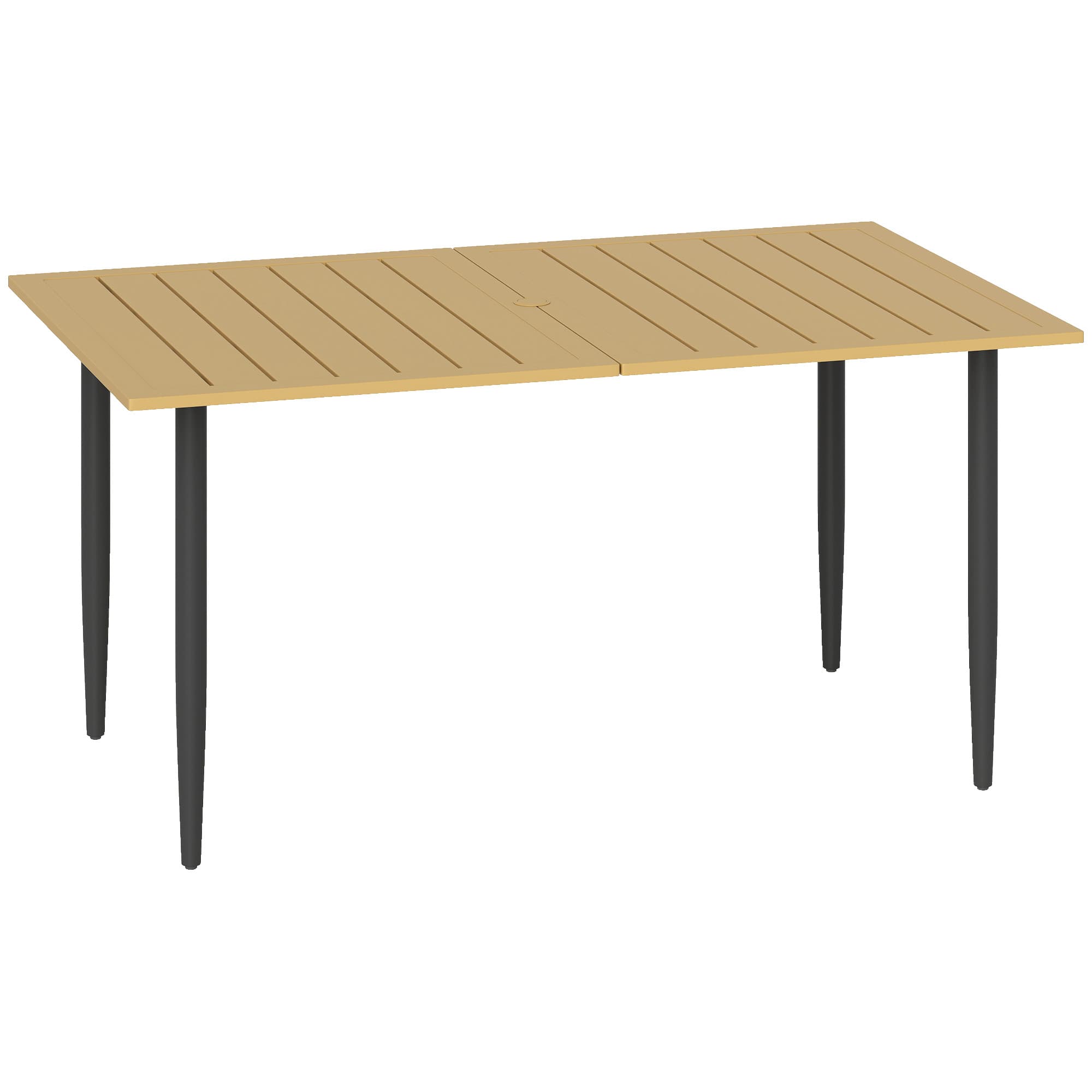 Outsunny Mesa de jardim 150x90cm, Mesa de varanda resistente às intempéries em aço, Mesa de varanda com orifício para guarda‑sol Marrom   Aosom