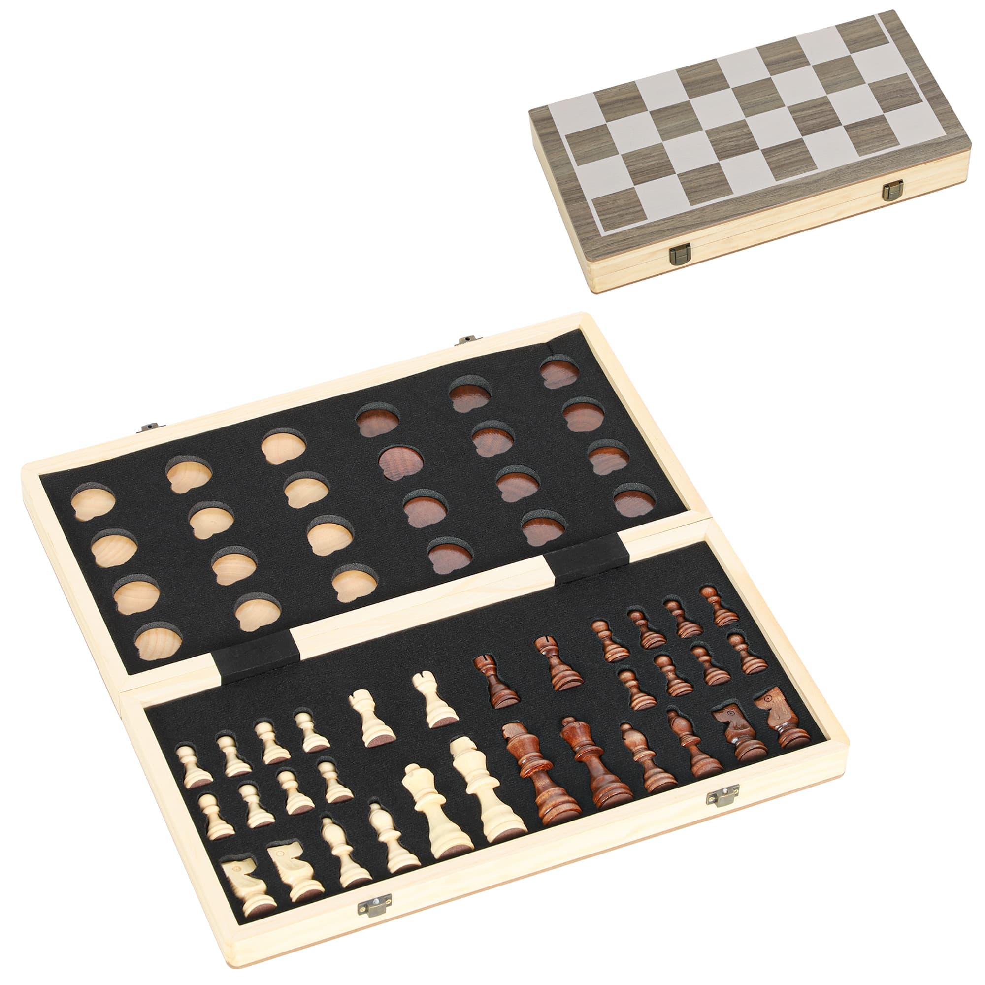 SPORTNOW Jogo de Xadrez e Damas em Madeira com Tabuleiro Dobrável Peças de Pinho e Compartimentos de Armazenamento 38,5x38,5x2,8 cm Madeira e Branco