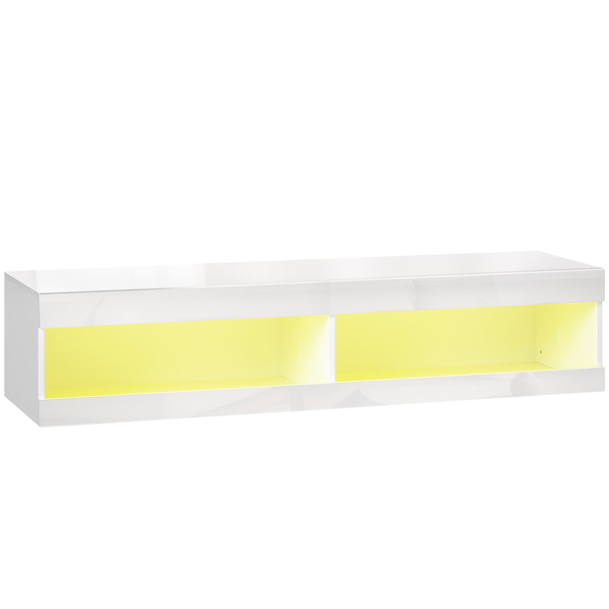 HOMCOM Móvel de TV Suspenso com Luzes LED com Controlo Remoto Compartimentos Orifício Passa-Cabos 140x40x30 cm Branco Brilhante   Aosom Portugal