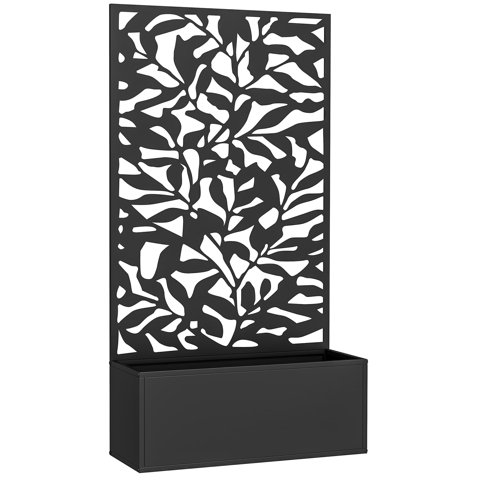 Outsunny Floreira Elevada com Painel de Privacidade de Folhas Decorativas de Metal e Opção de Montagem na Parede 61x23x113 cm Preto   Aosom Portugal