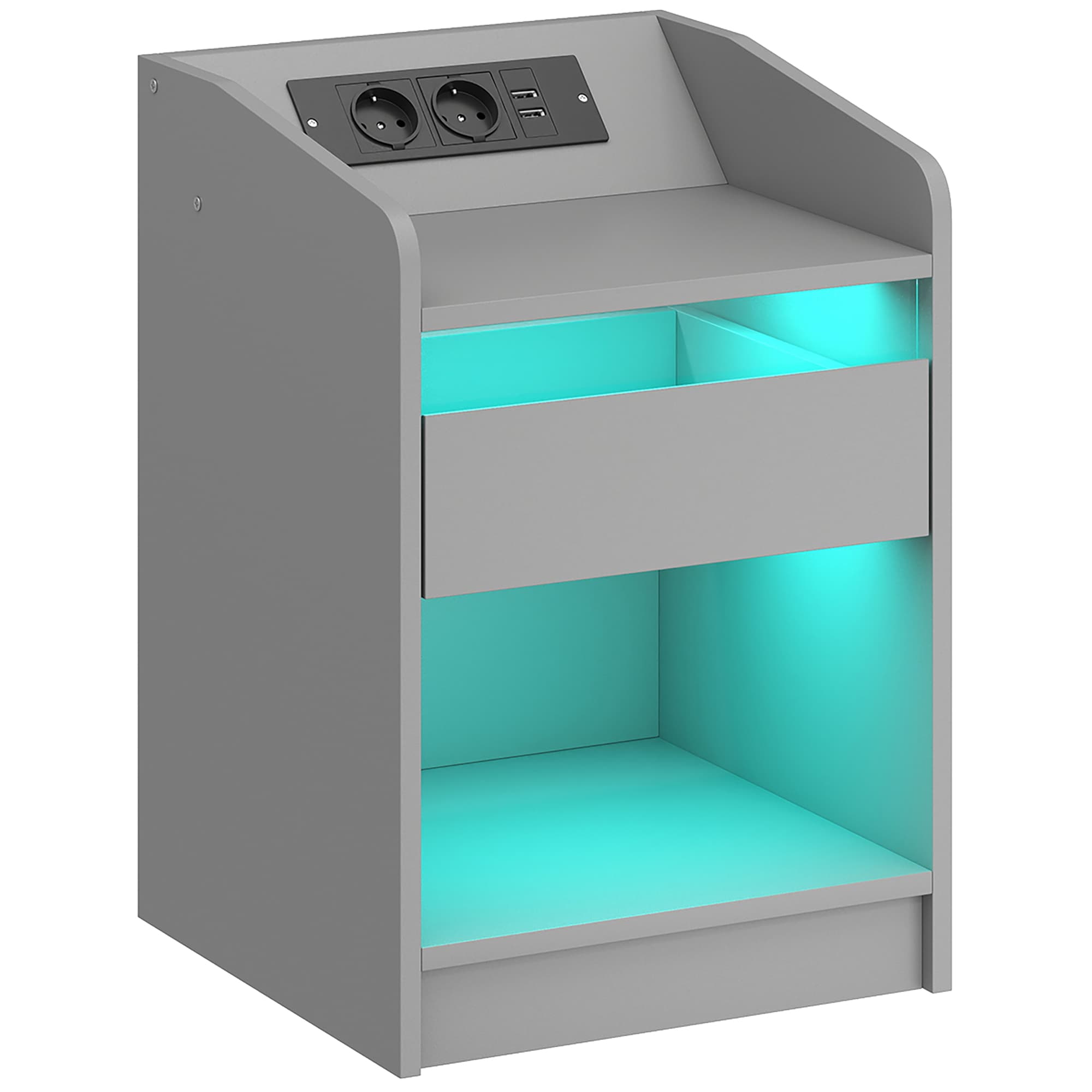 HOMCOM Mesa de Cabeceira com Luzes LED Gaveta Prateleira Estação de Carregamento Entrada USB e Controlo Remoto 40x40x58 cm Cinzento   Aosom Portugal