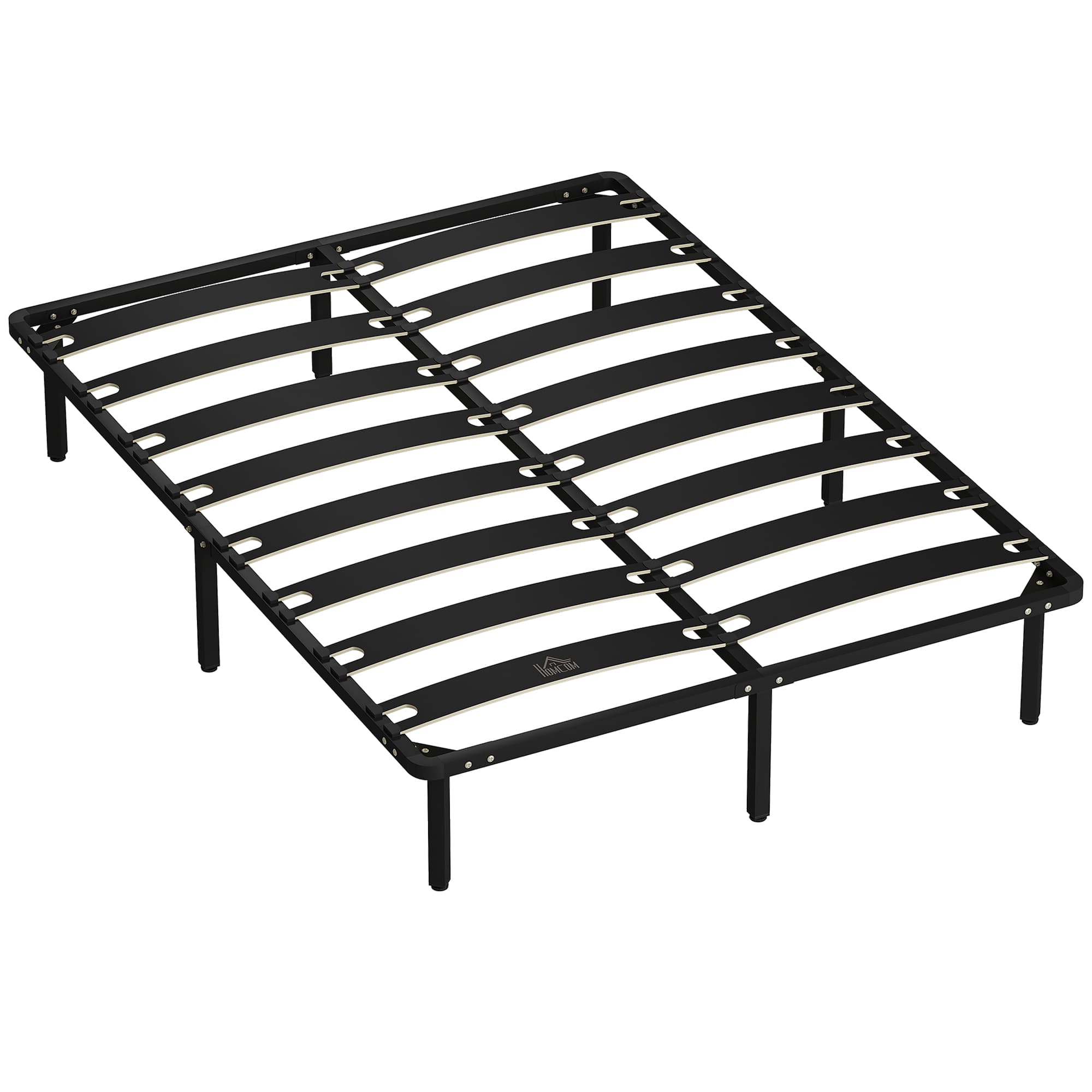 HOMCOM Estrutura 140x190 cm Estrado de Cama de Plataforma de Aço com Ripas de Álamo Fácil de Montar Carga 350 kg Preto   Aosom Portugal