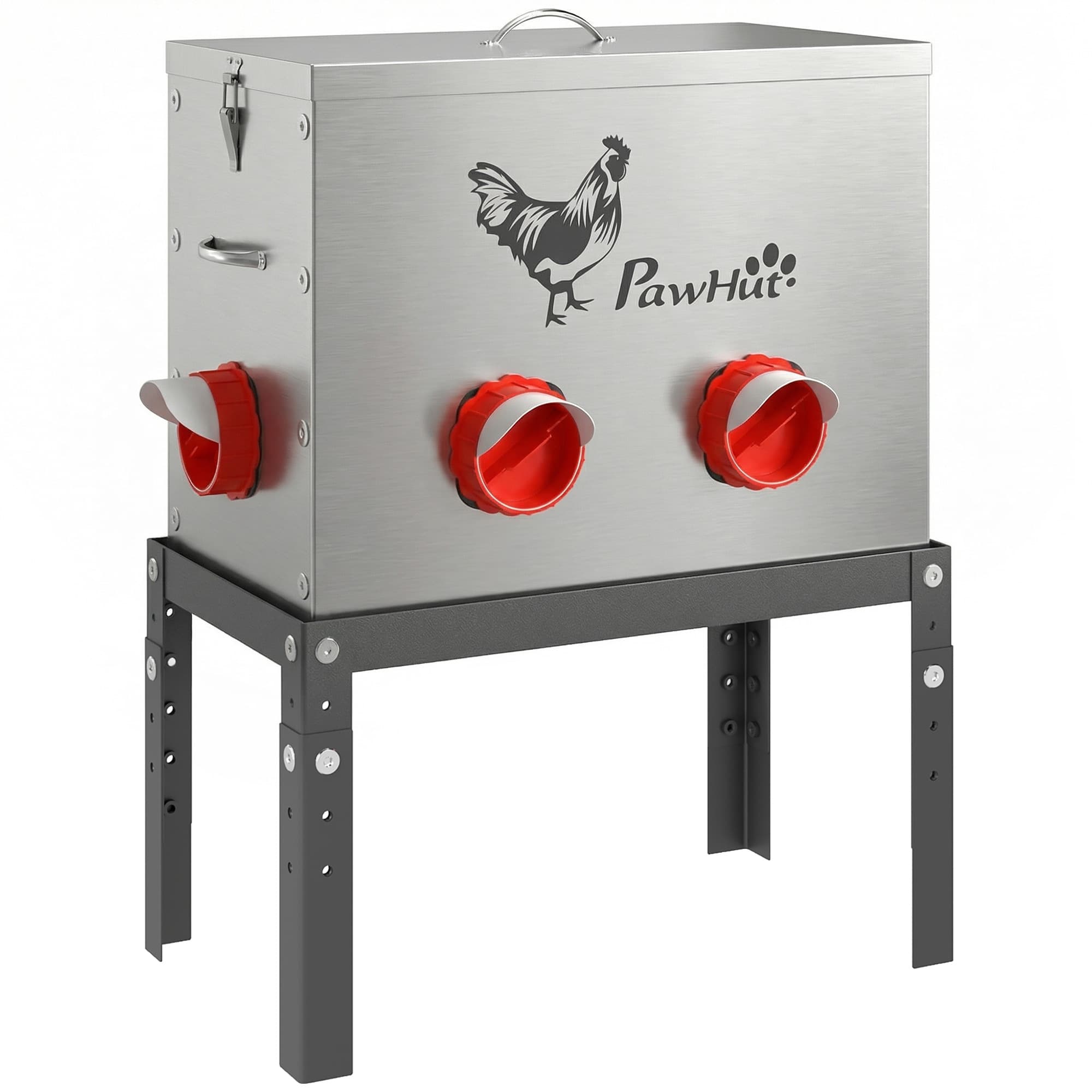 PawHut Comedouro para galinhas 18 kg Capacidade com tampa travável pernas ajustáveis 6 aberturas 42,3x25x55,3 cm Prata   Aosom Portugal
