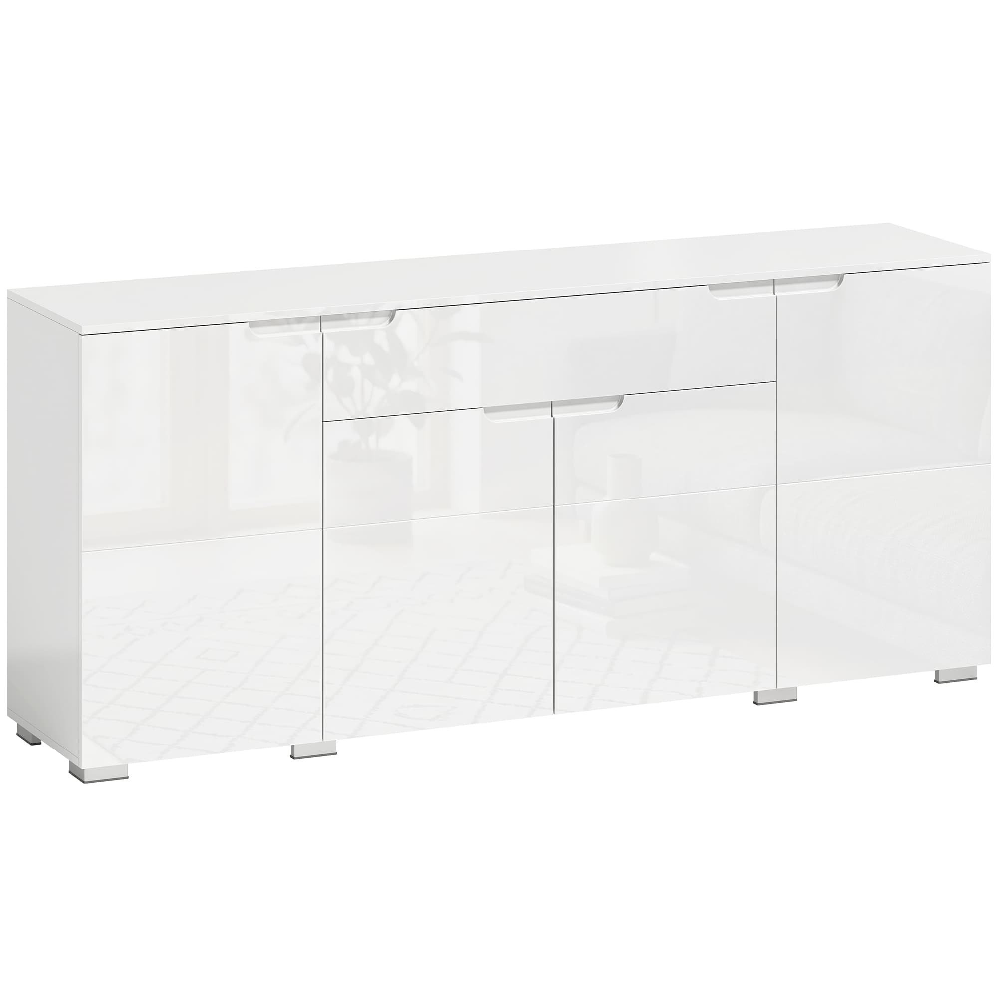 HOMCOM Aparador alto brilho, buffet moderno com 4 portas e prateleiras ajustáveis, armário de cozinha com fecho suave, Branco   Aosom Portugal