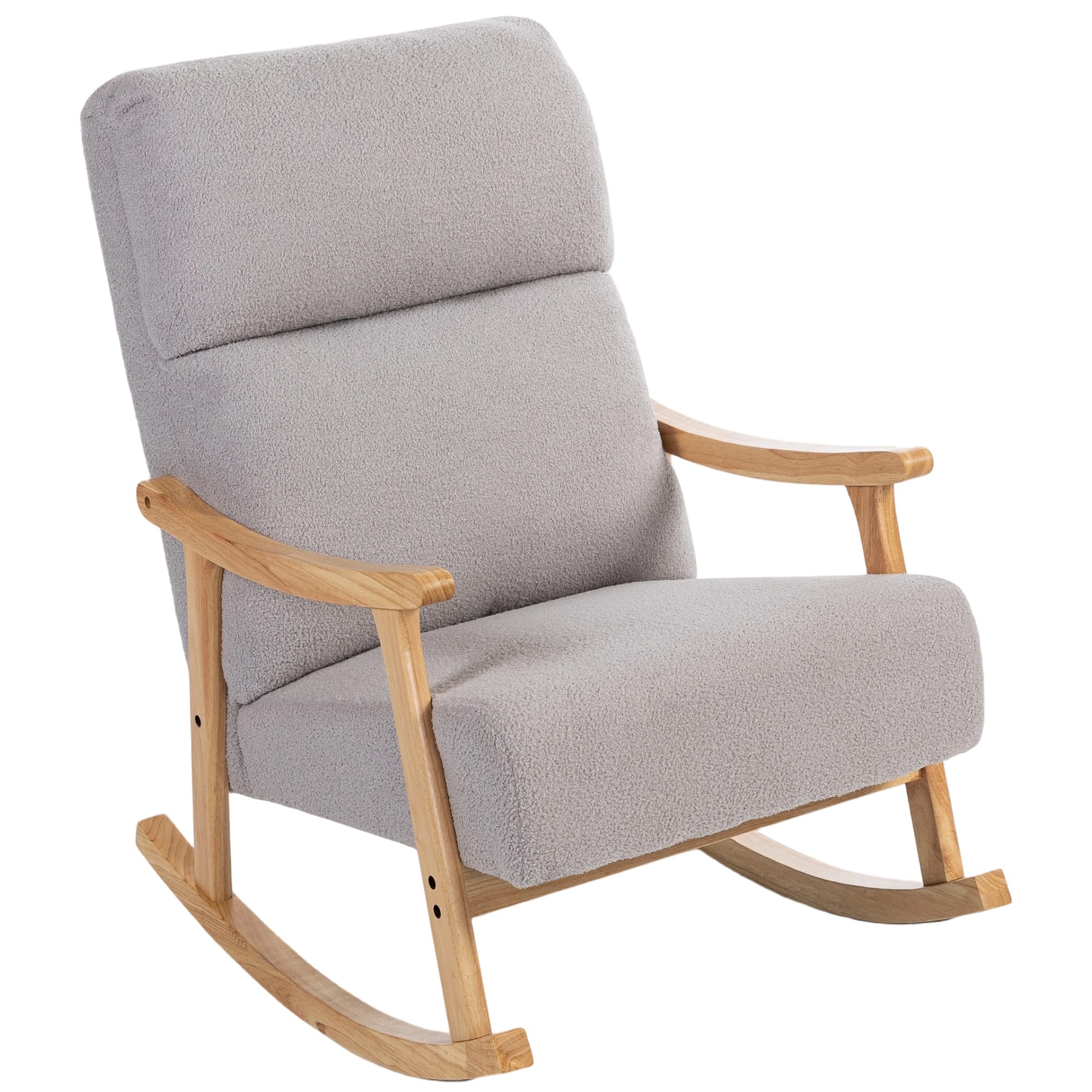 HOMCOM Poltrona Baloiço Moderna em Borrego com Apoio para os Braços de Madeira de Faia Poltrona de Amamentação 65x90x98 cm Cinza   Aosom Portugal