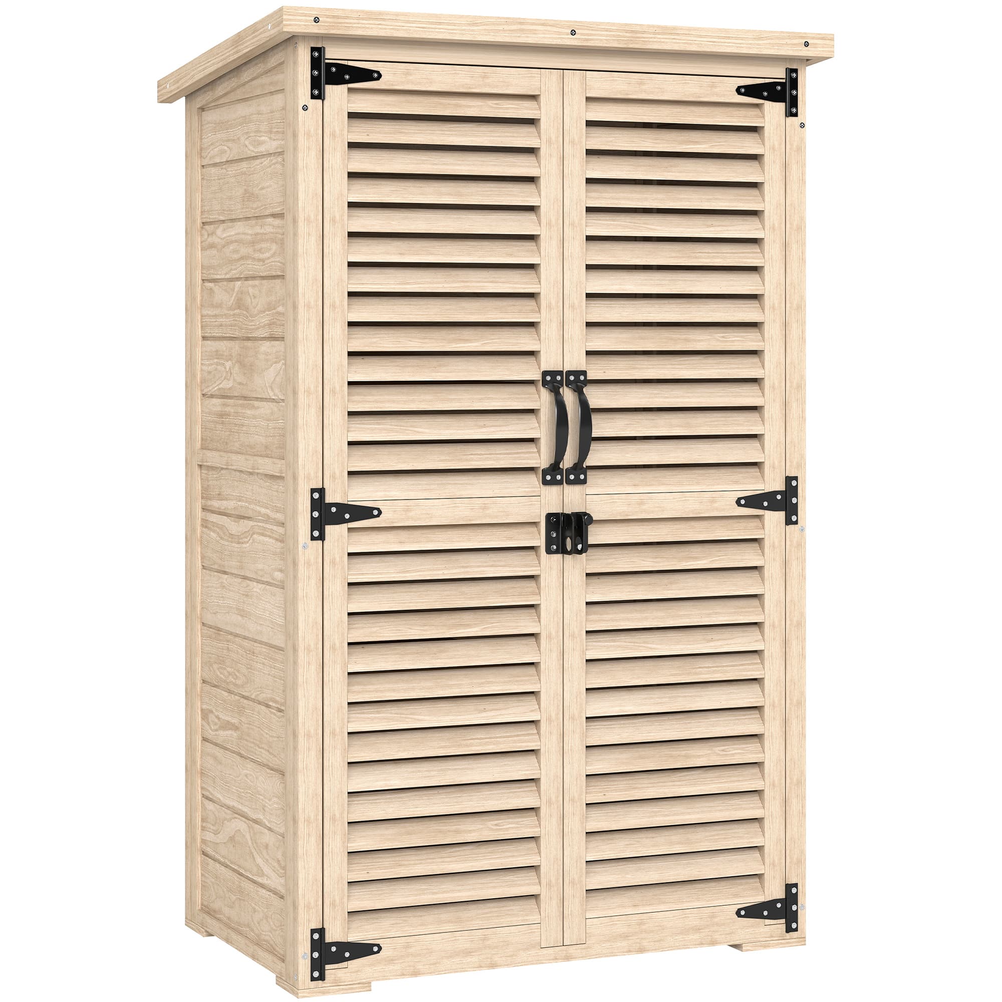Outsunny Armário de Jardim de Madeira 75x50x118 cm Armário para Ferramentas com 2 Portas de Persiana 2 Estantes Madeira Natural   Aosom Portugal