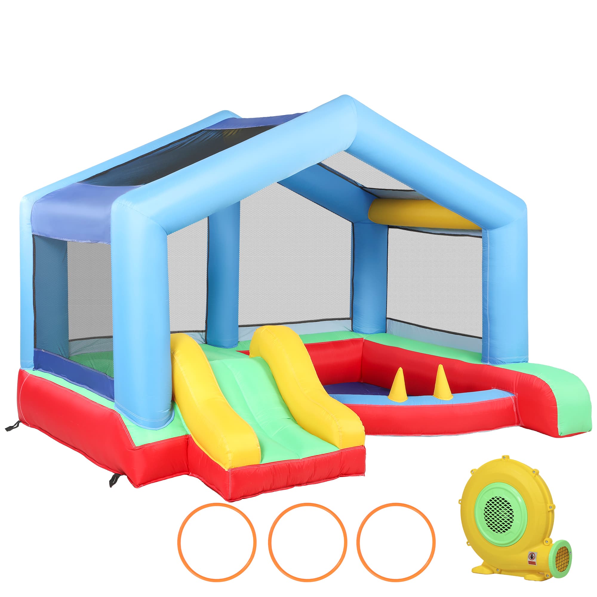 AIYAPLAY Castelo Insuflável para Crianças com Escorrega Cama Elástica Piscina de Bolinhas Jogo de Aros Toldo e Bolsa de Transporte 290x230x200 cm