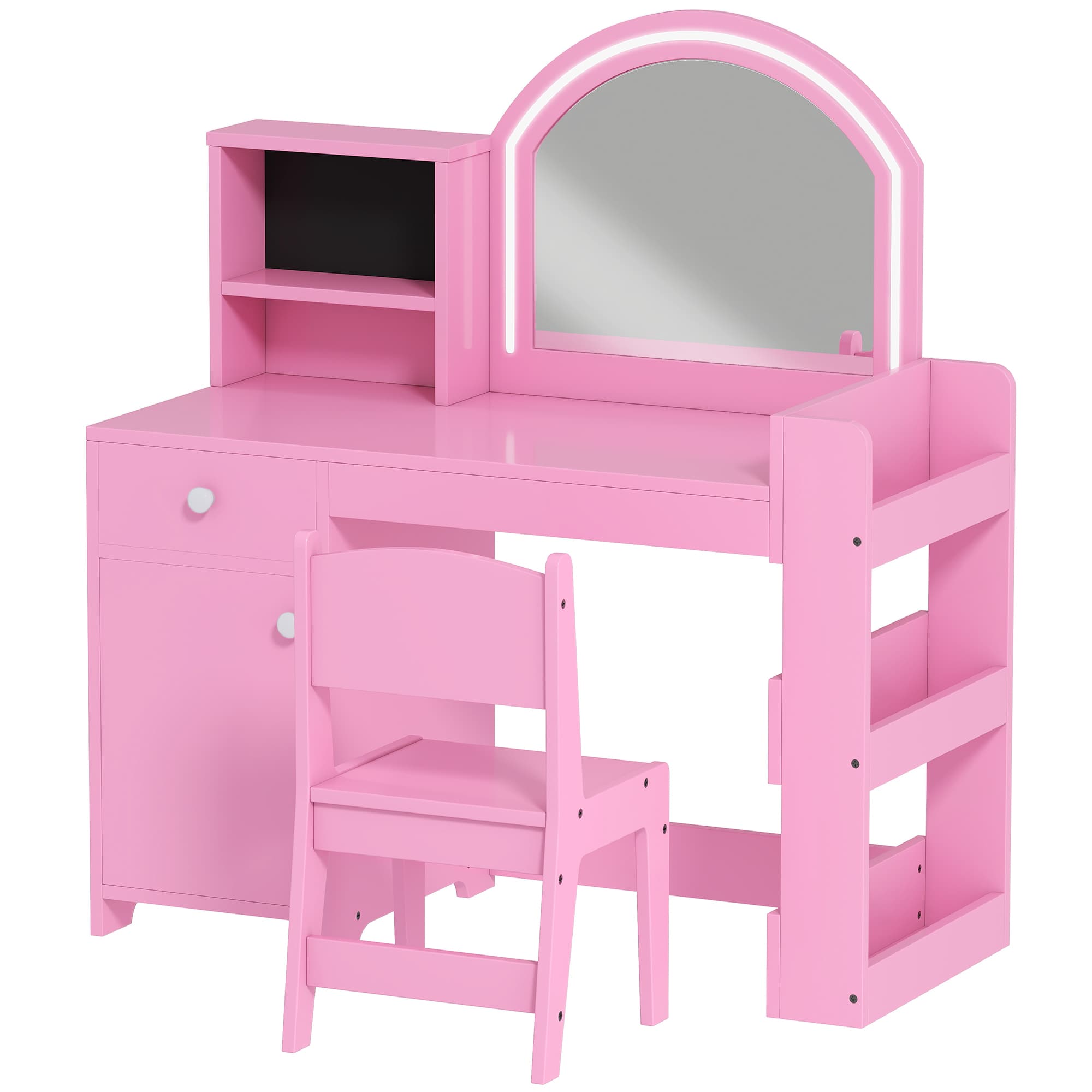 AIYAPLAY Toucador de Maquilhagem Infantil com Banquinho e Espelho com Luzes LED 1 Gaveta Armário e 5 Prateleiras Rosa   Aosom Portugal