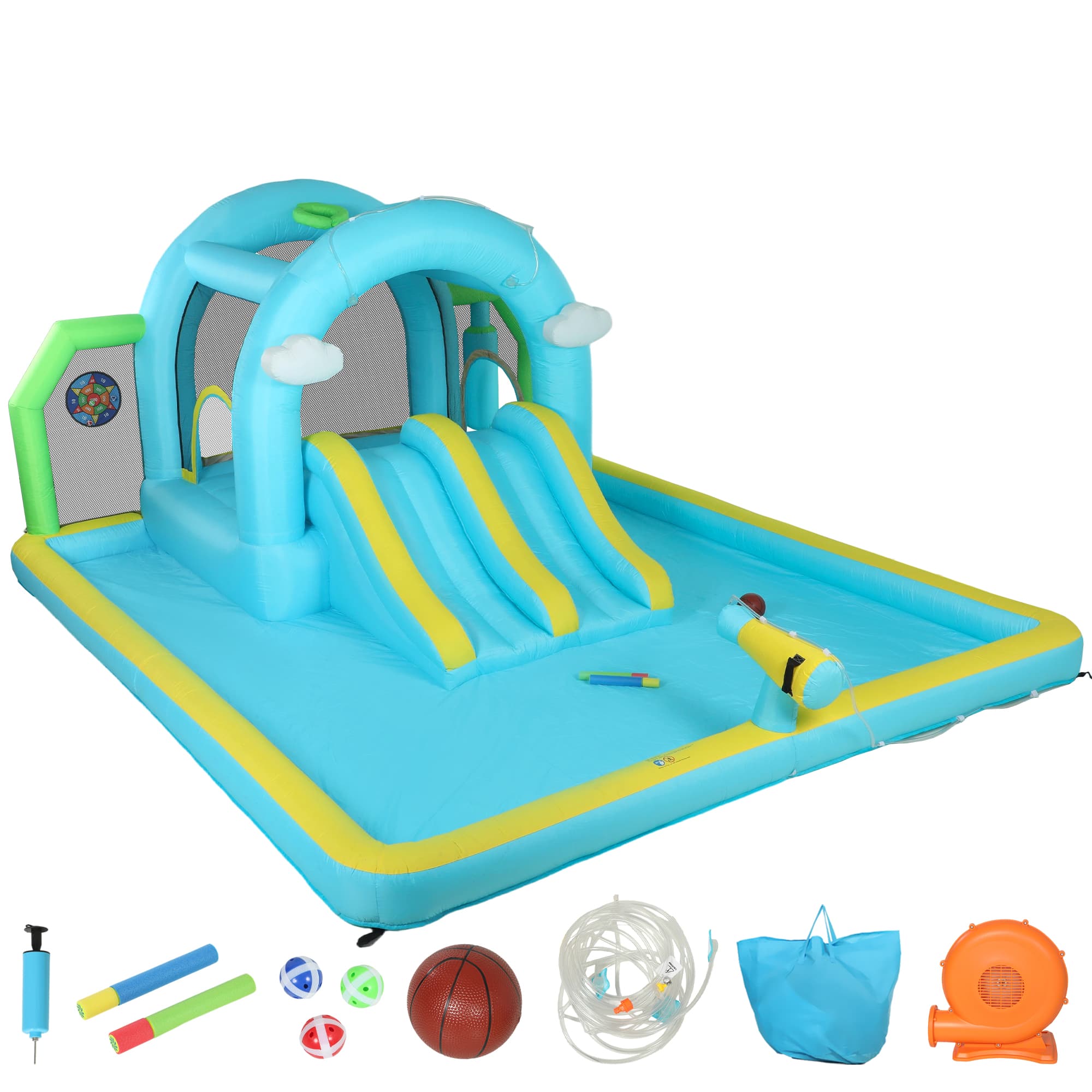 AIYAPLAY Castelo Insuflável Aquático 7 em 1 com Insuflador 450 W 2 Escorregas Trampolim Piscina Cesto Coluna de Boxe 426x360x198 cm Multicor   Aosom