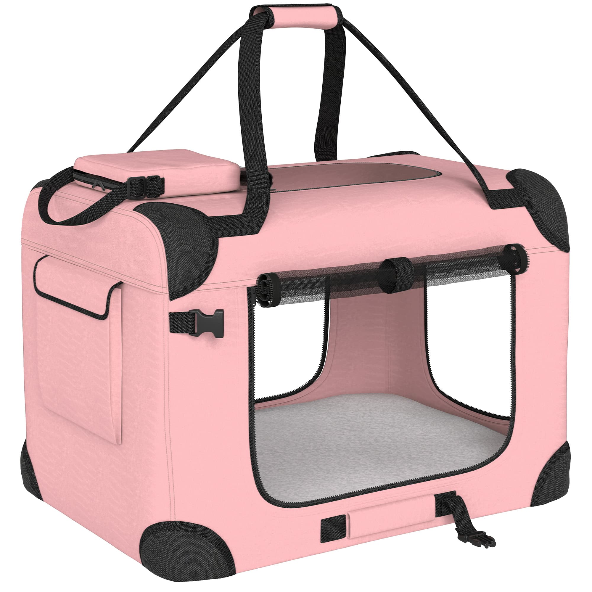 PawHut Transportadora Dobrável para Cães 60x41,5x41 cm com Janelas de Rede, Almofada Macia e 2 Alças para Mini Cães e Gatos Rosa   Aosom Portugal
