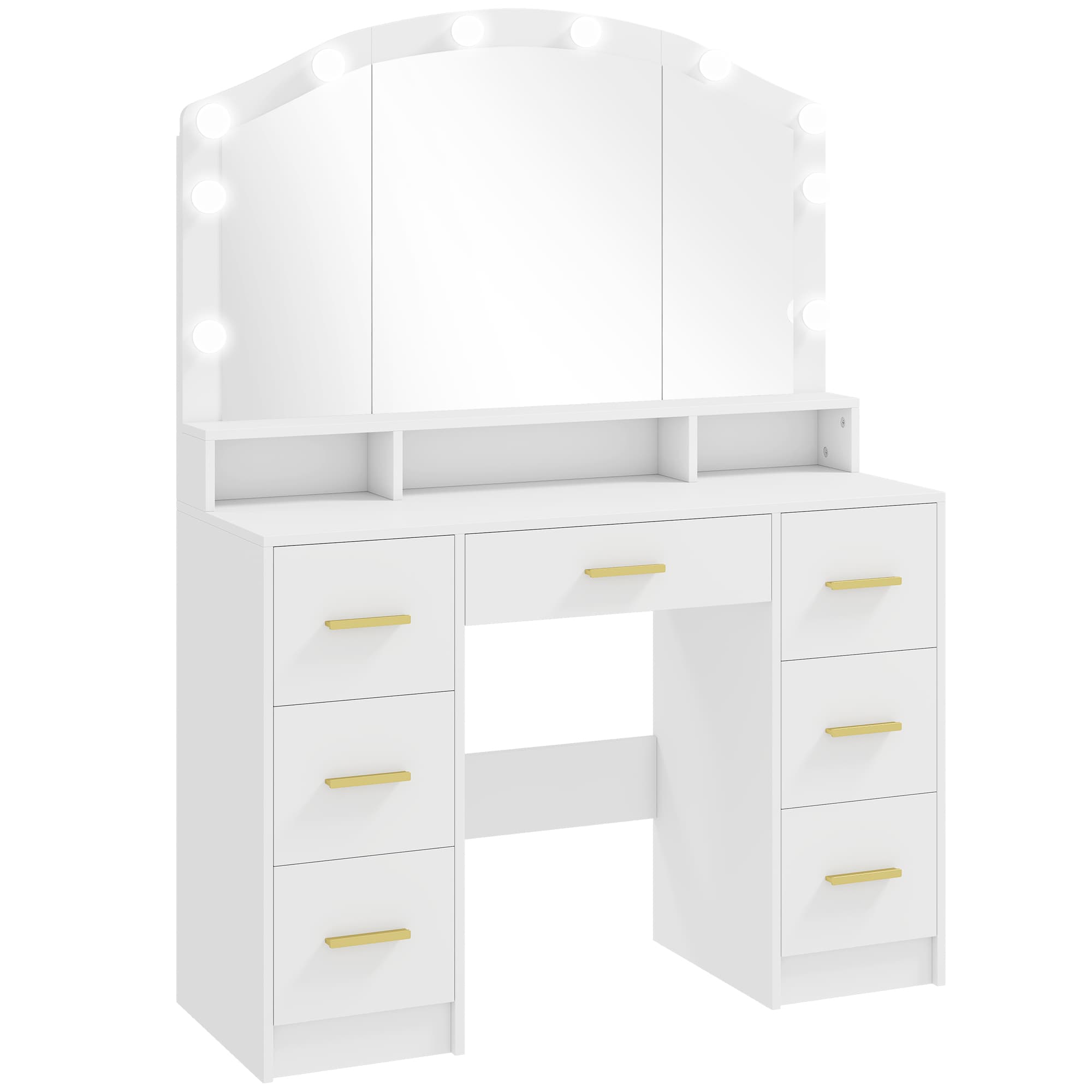 HOMCOM Toucador com 10 Luzes LED de 3 Cores Toucador de Maquilhagem com Espelho  7 Gavetas 3 Compartimentos Moderno 110x40x150 cm Branco   Aosom