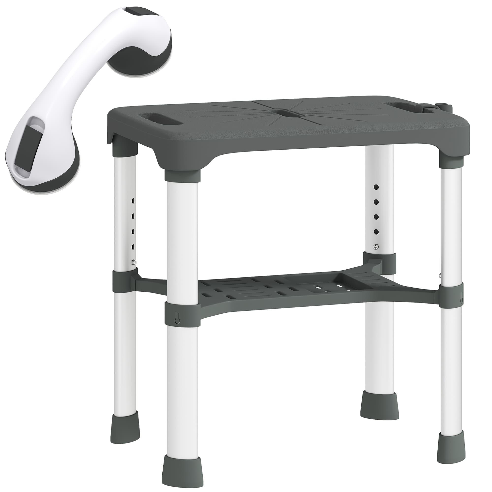 HOMCOM Banqueta de Duche Altura Ajustável com Prateleira Integrada e Barra de Apoio com Ventosa para Idosos e Pessoas com Mobilidade Reduzida, Cinza 