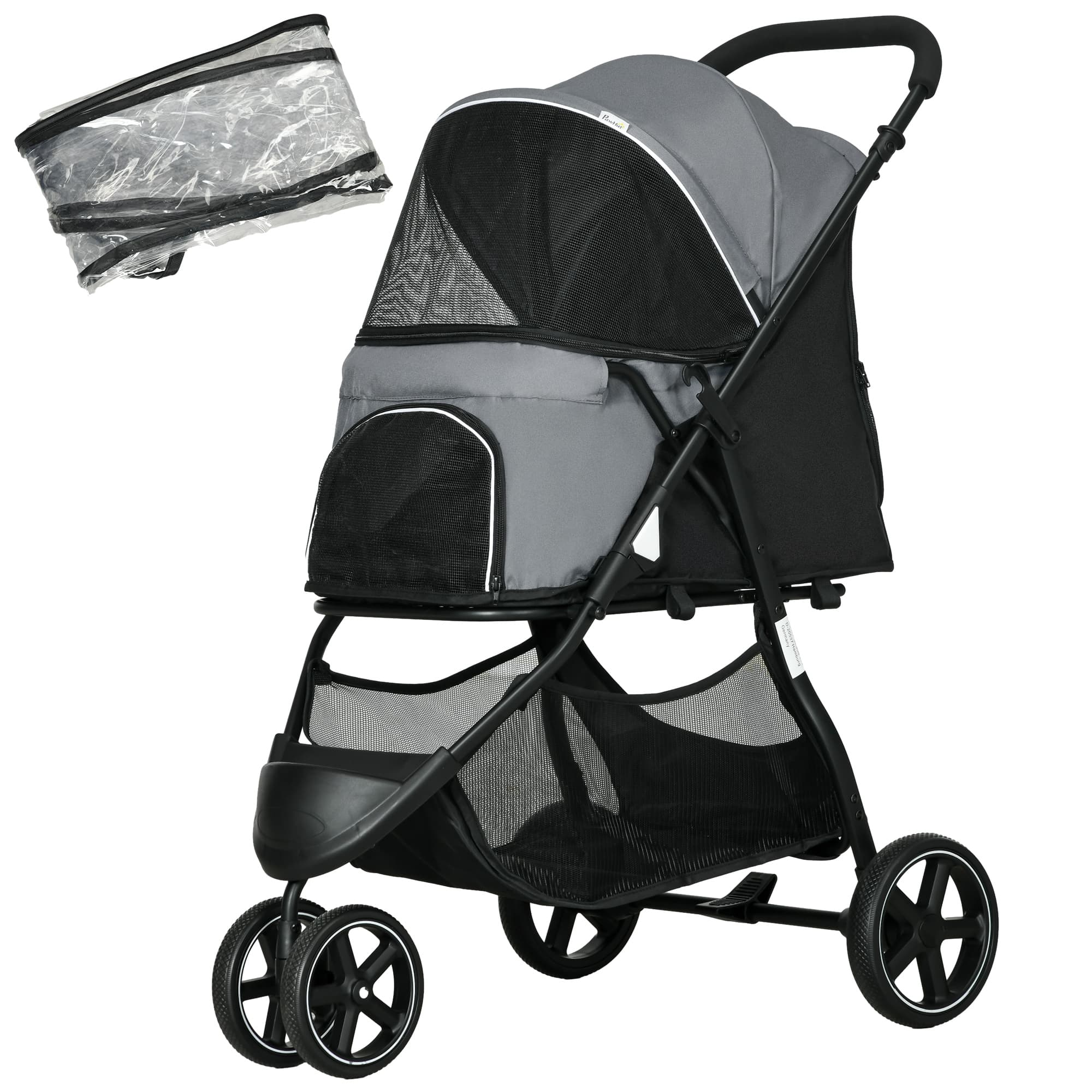PawHut Carrinho para cães Carrinho para animais, dobrável, capa de chuva, 2 trelas de segurança, 83cm x 55cm x 101cm, Cinza + Preto   Aosom