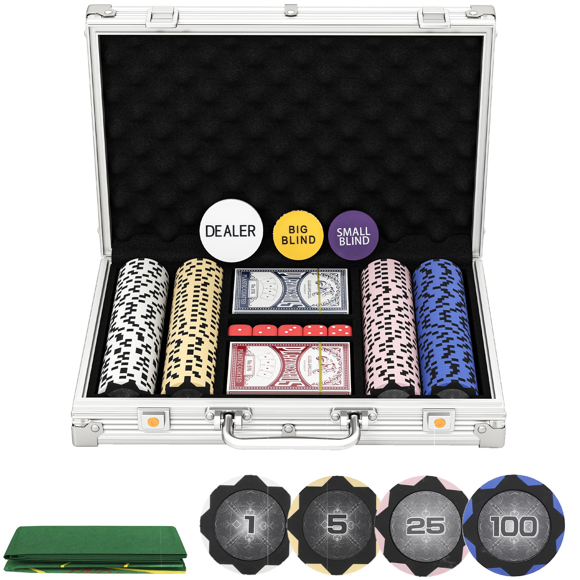 SPORTNOW Conjunto de Fichas de Poker em Estojo, com Dados, Dealer Button, 2 Baralhos, Cor Prata   Aosom Portugal