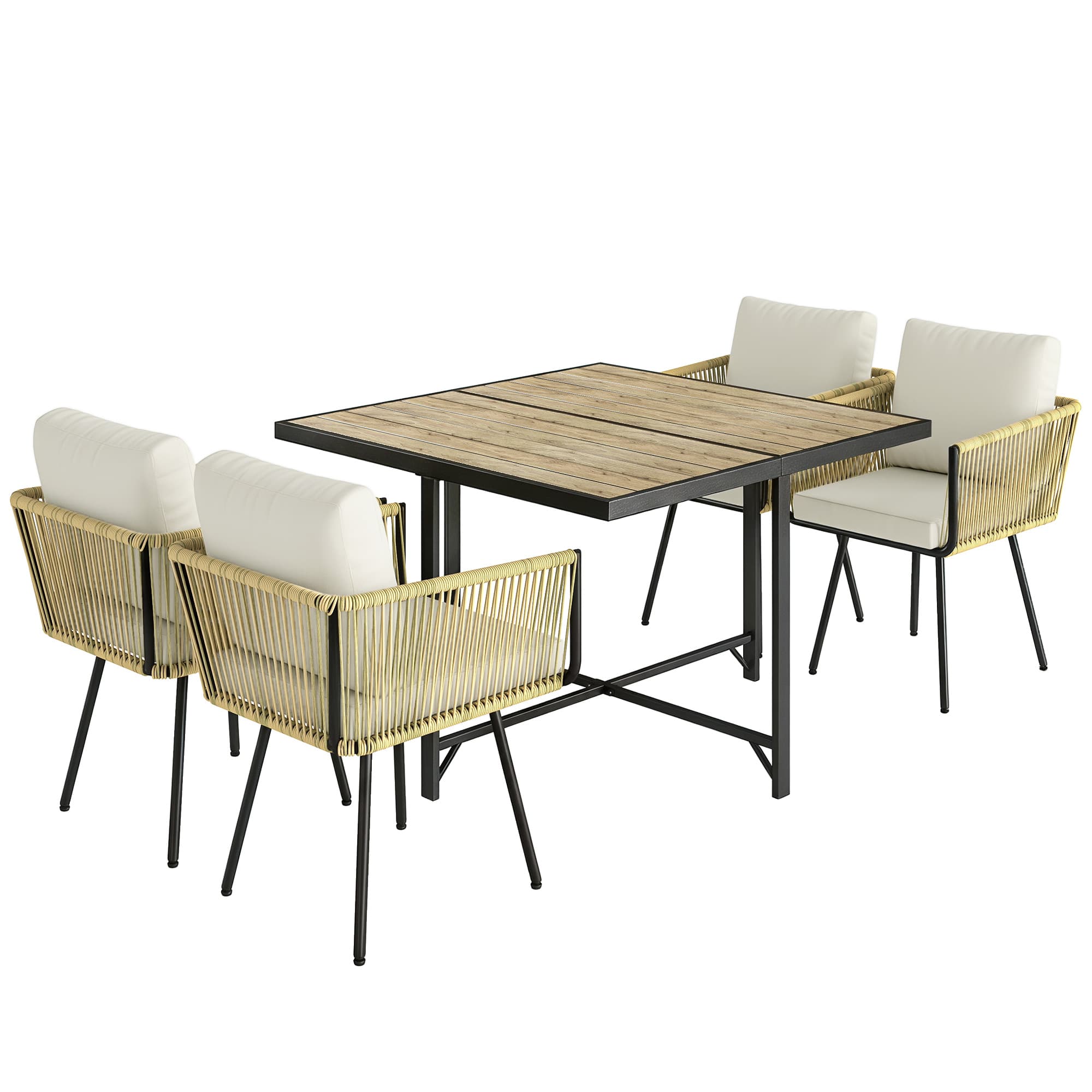 Outsunny Conjunto de Refeição Jardim de 5 Peças Mesa de Refeição com Imitação de Madeira e 4 Cadeiras com Almofadas Bege e Madeira   Aosom