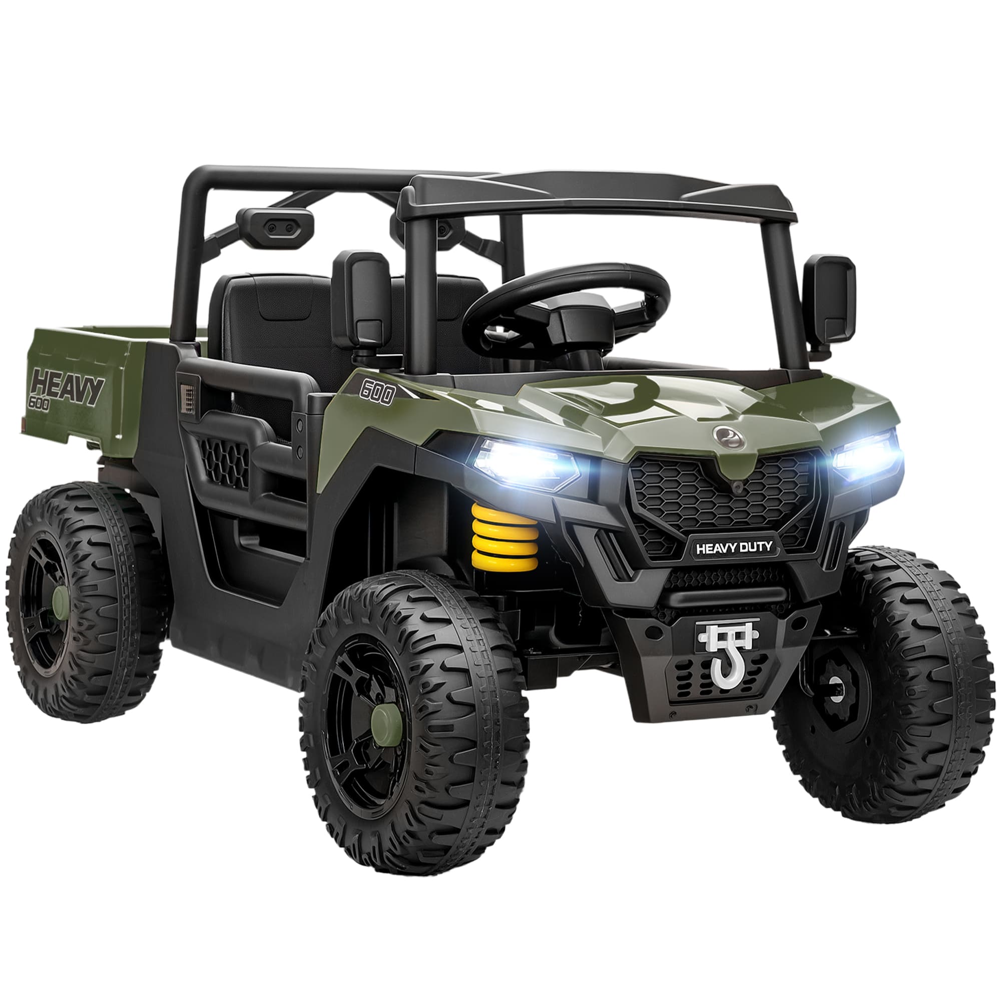 AIYAPLAY Veículo elétrico, 2 motores, porta-malas, design UTV, função musical, Verde   Aosom Portugal