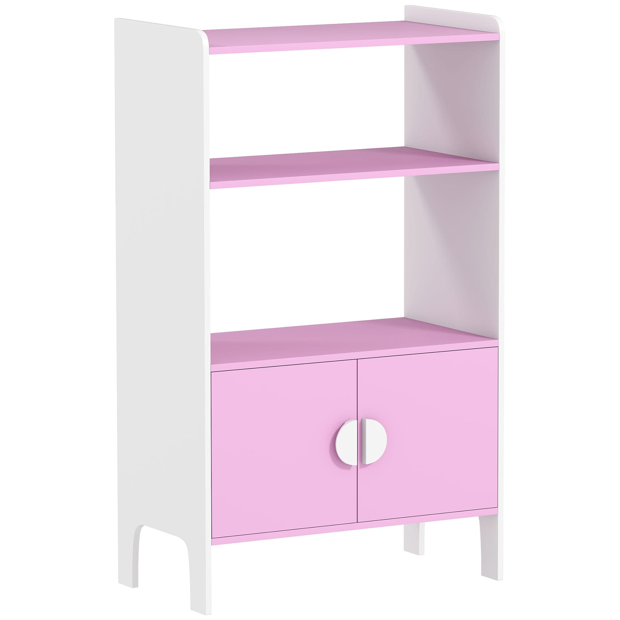 AIYAPLAY Estante de livros infantil, 2 prateleiras, 2 armários, independente, design anti-tombamento, pés antiderrapantes, MDF, Rosa+Branco   Aosom