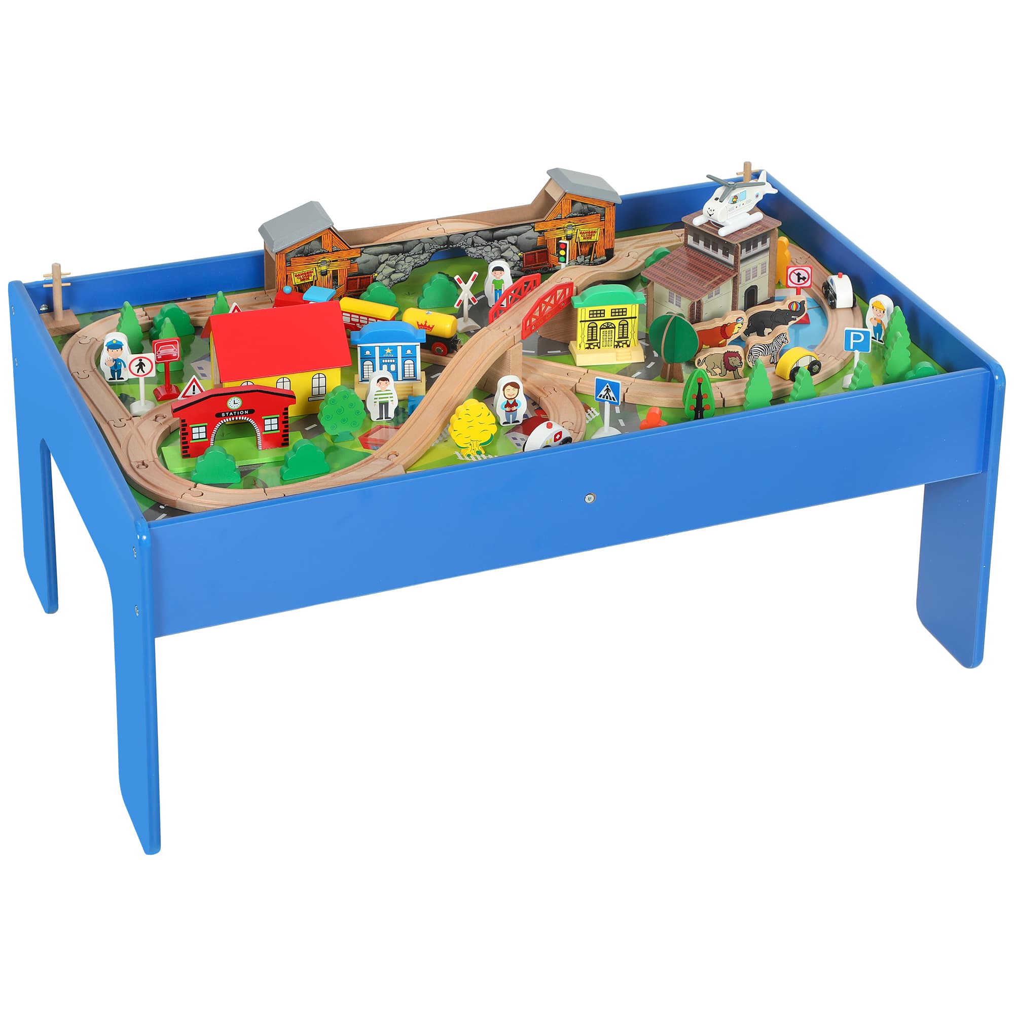 AIYAPLAY Mesa de Brincar, conjunto ferroviário de madeira 108 peças, com tampo removível, mesa de trem, 98x60,5x40 cm, Azul   Aosom Portugal