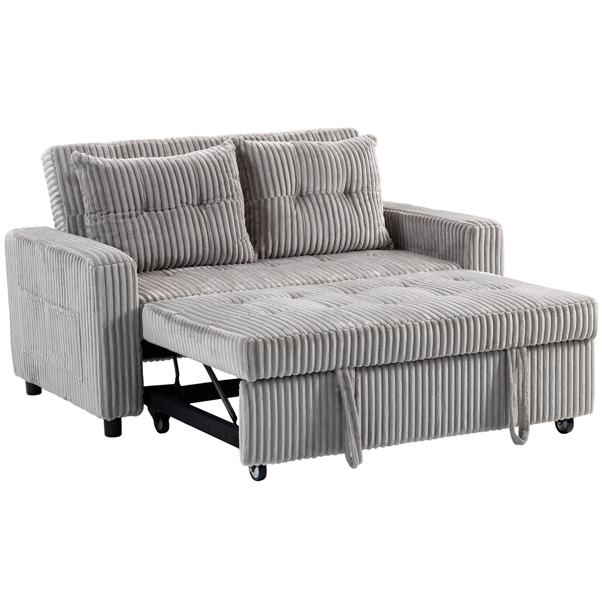 HOMCOM Cama-sofá 2 lugares, revestimento em cotelê, conversível em sofá-cama, 2 almofadas, bolsos laterais, 157 x 190 cm, Cinza claro   Aosom