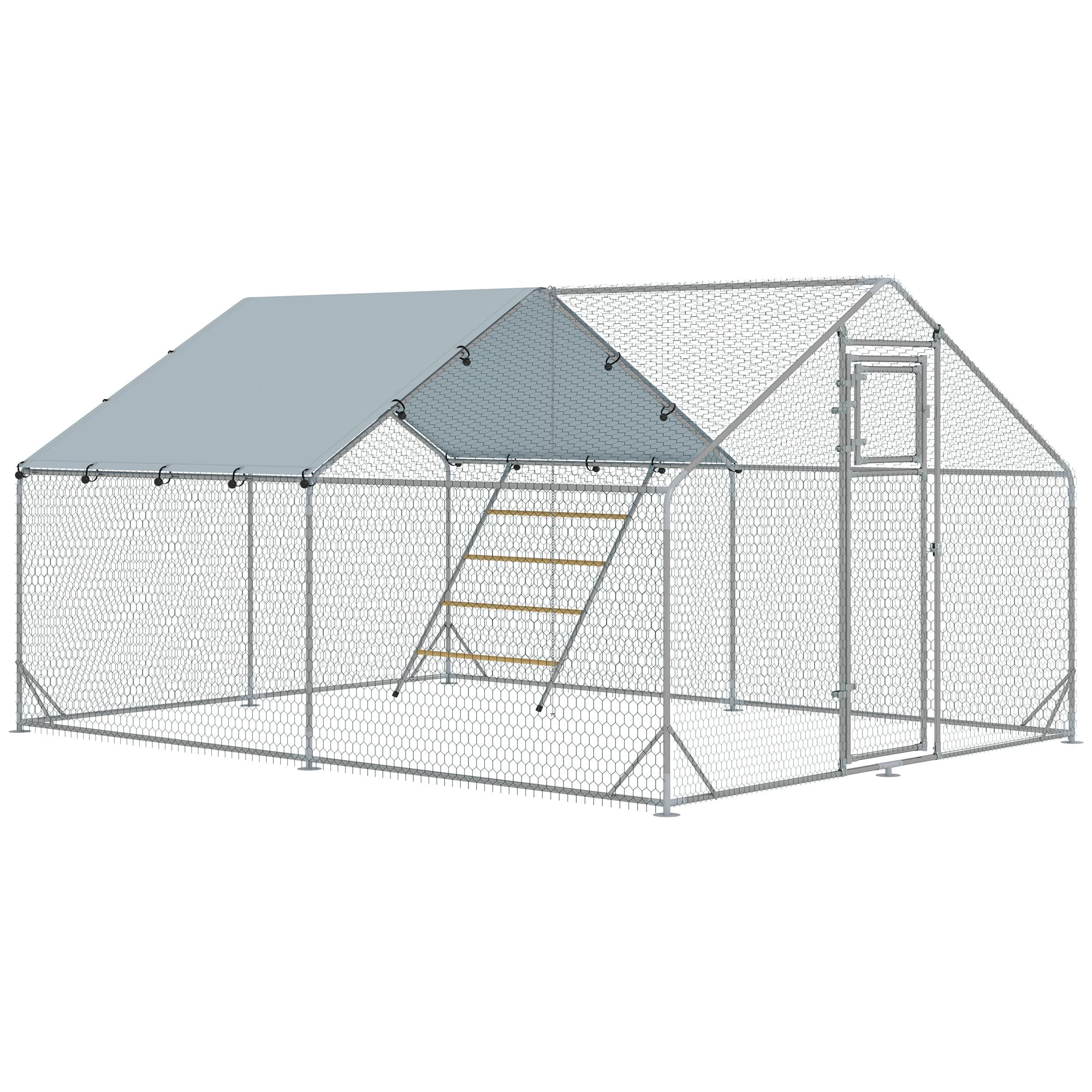 PawHut Galinheiro, recinto exterior para galinhas, com lona resistente aos UV, treliça de aço, comedouro, para 12-18 galinhas   Aosom Portugal