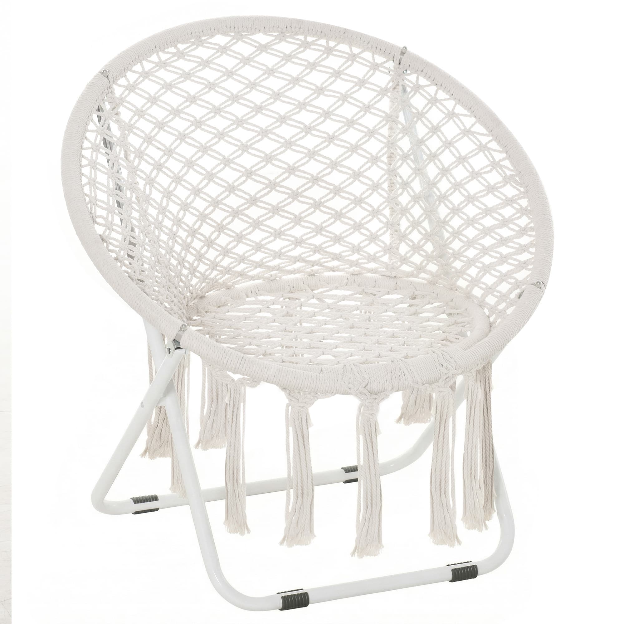 Outsunny Poltrona loveuse redonda de jardim cadeira lua papasan dobrável grande conforto macramé algodão poliéster bege   Aosom Portugal