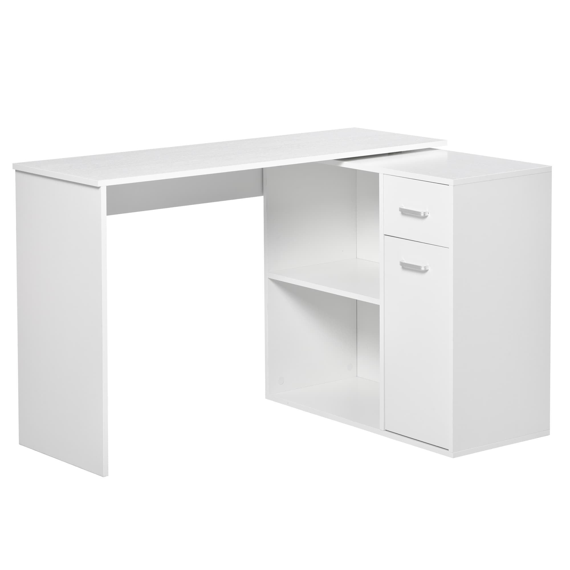 HOMCOM Mesa de canto rotativa a 180°, mesa de computador, estante, gaveta, armário, área de trabalho, 117x82x74cm, branco   Aosom Portugal