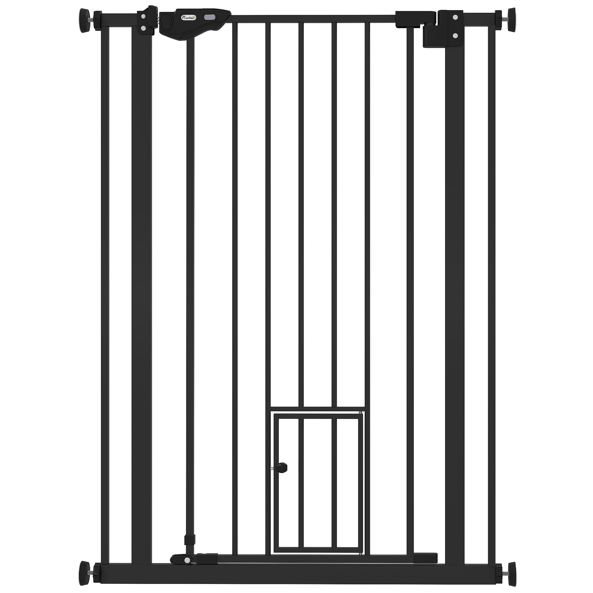 PawHut Barreira de Segurança Ajustável com Porta Pequena, Fecho Automático e Sistema de Bloqueio Duplo 74-80 x 104,1 cm Preta   Aosom Portugal