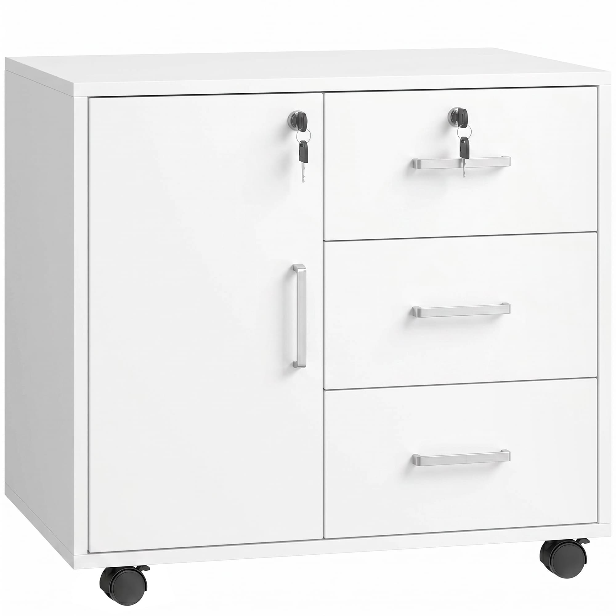 HOMCOM Móvel para Impressora com Rodas, Mesa com Porta e 3 Gavetas, Fechaduras, Prateleira Ajustável, Branco   Aosom Portugal