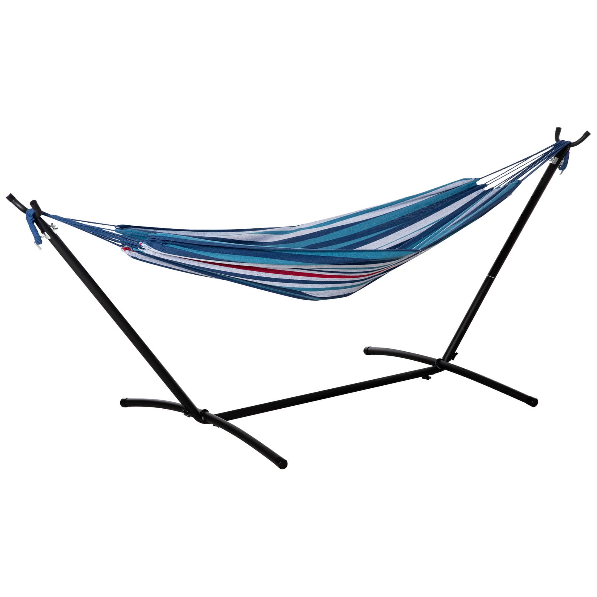 Outsunny Cama Rede com Suporte 310x117 cm com Bolsa de Transporte Altura Ajustável Capacidade 120 kg para Campismo Azul e Branco   Aosom Portugal