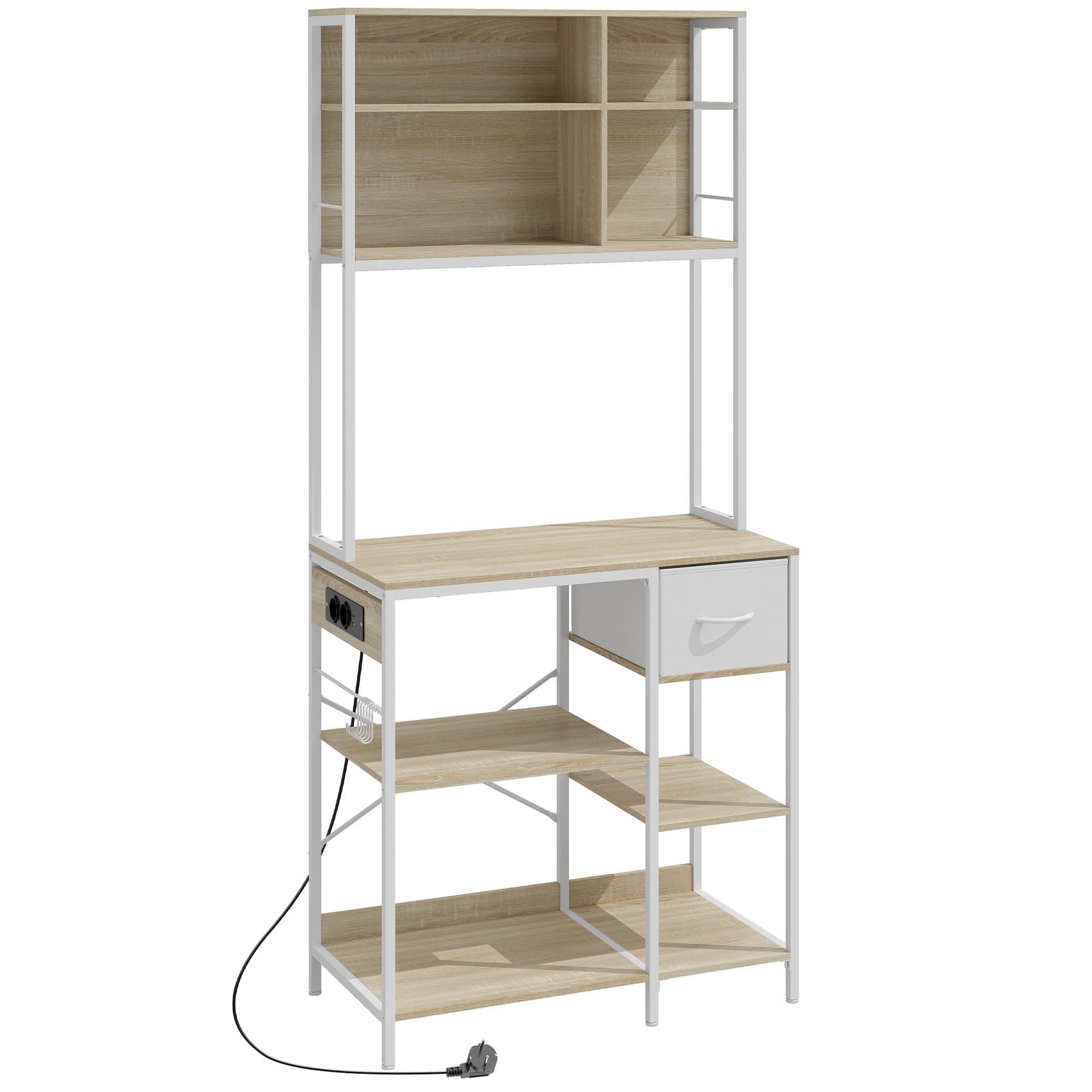 HOMCOM Estante de Cozinha Suporte de Micro-ondas com Prateleiras e 6 Ganchos para Espaços Pequenos 80x40x181 cm Carvalho   Aosom Portugal