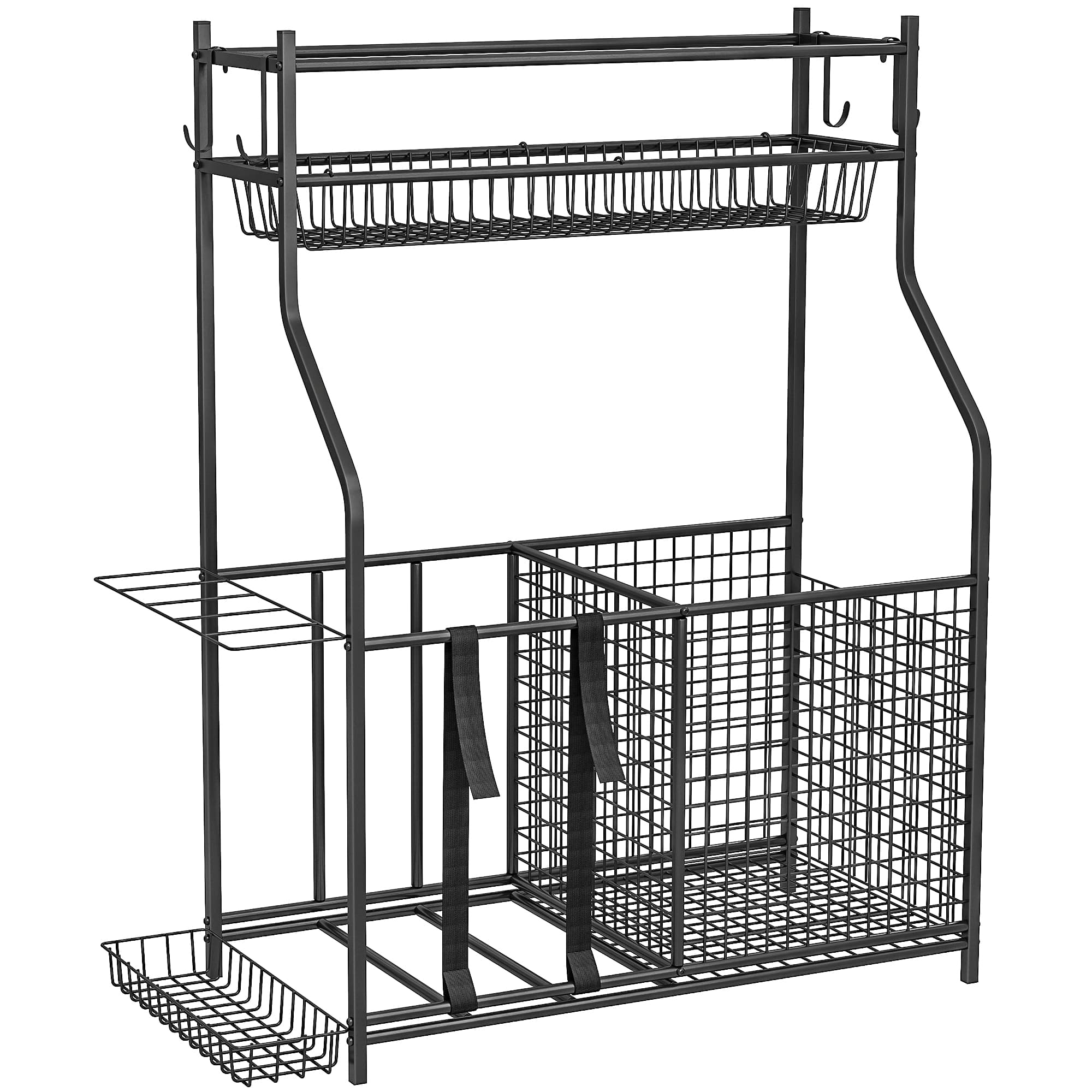 SPORTNOW Organizador de Equipamentos Desportivos com Cesta Ganchos Removíveis e Faixas Elásticas Suporte para Bolas 92x42x109 cm Preto   Aosom