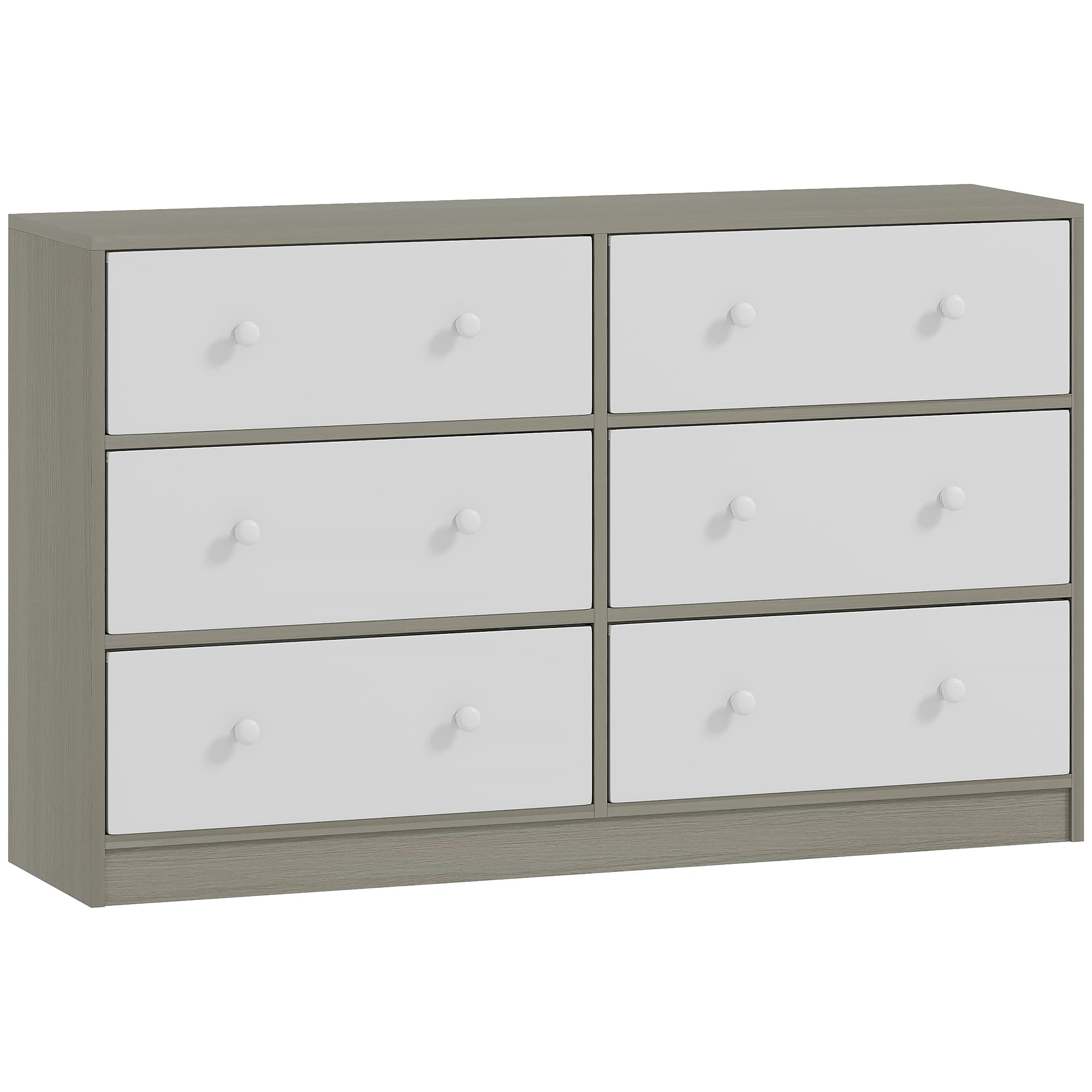 HOMCOM Cómoda com 6 Gavetas de Tecido Cómoda para Quarto Estrutura de Aço e MDF 114x30x70 cm Branco e Cinza   Aosom Portugal