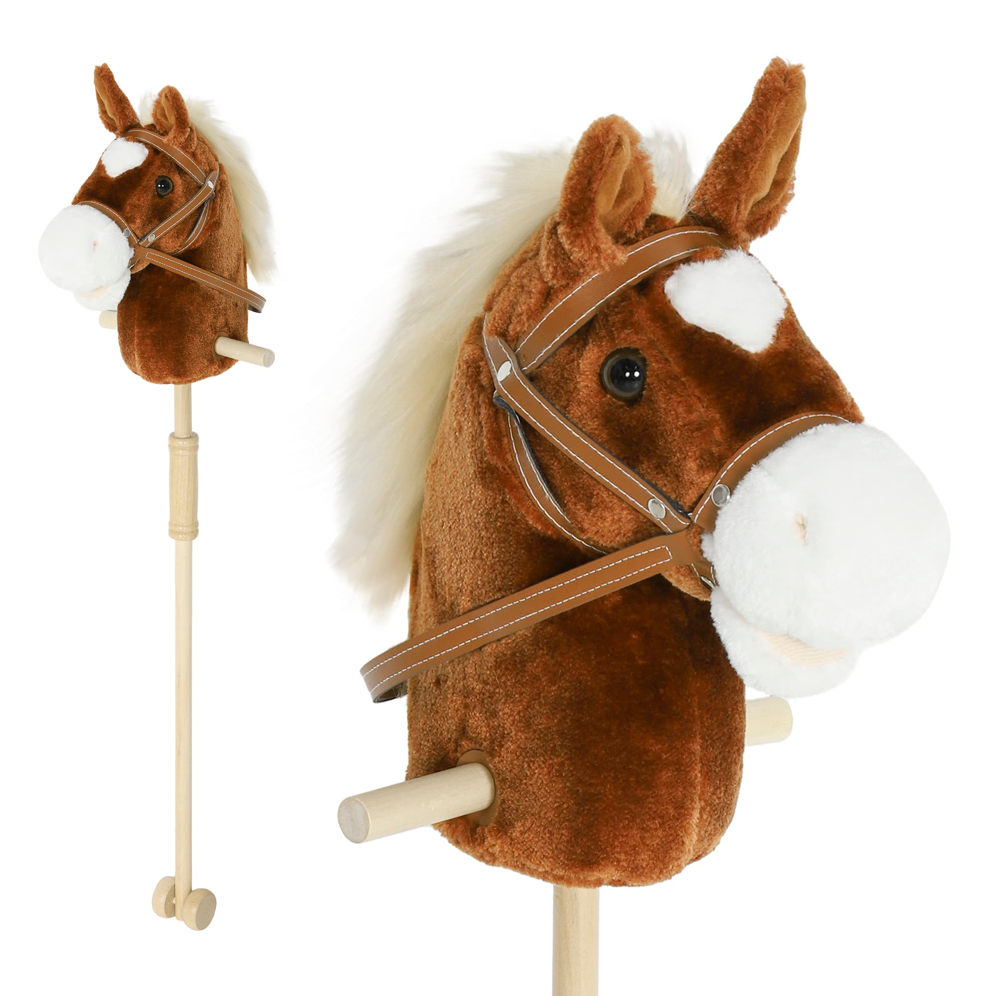 AIYAPLAY Cavalo com Pau de Madeira Sons e Rodas Cavalo de Brinquedo 95x25x27 cm Castanho   Aosom Portugal