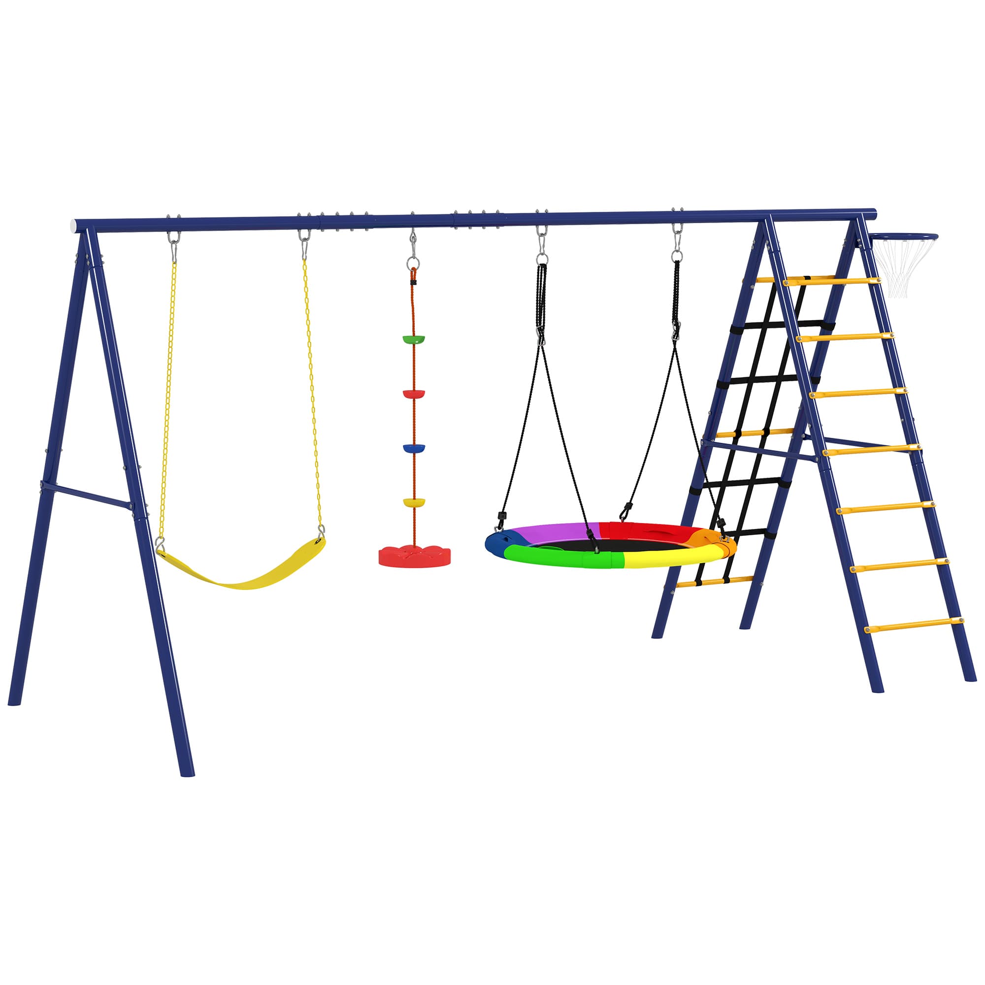 AIYAPLAY Conjunto de Baloiços 6 em 1 para Crianças com Ninho Escada Rede de Escalada Cesto 350x183x200 cm Multicolor   Aosom Portugal