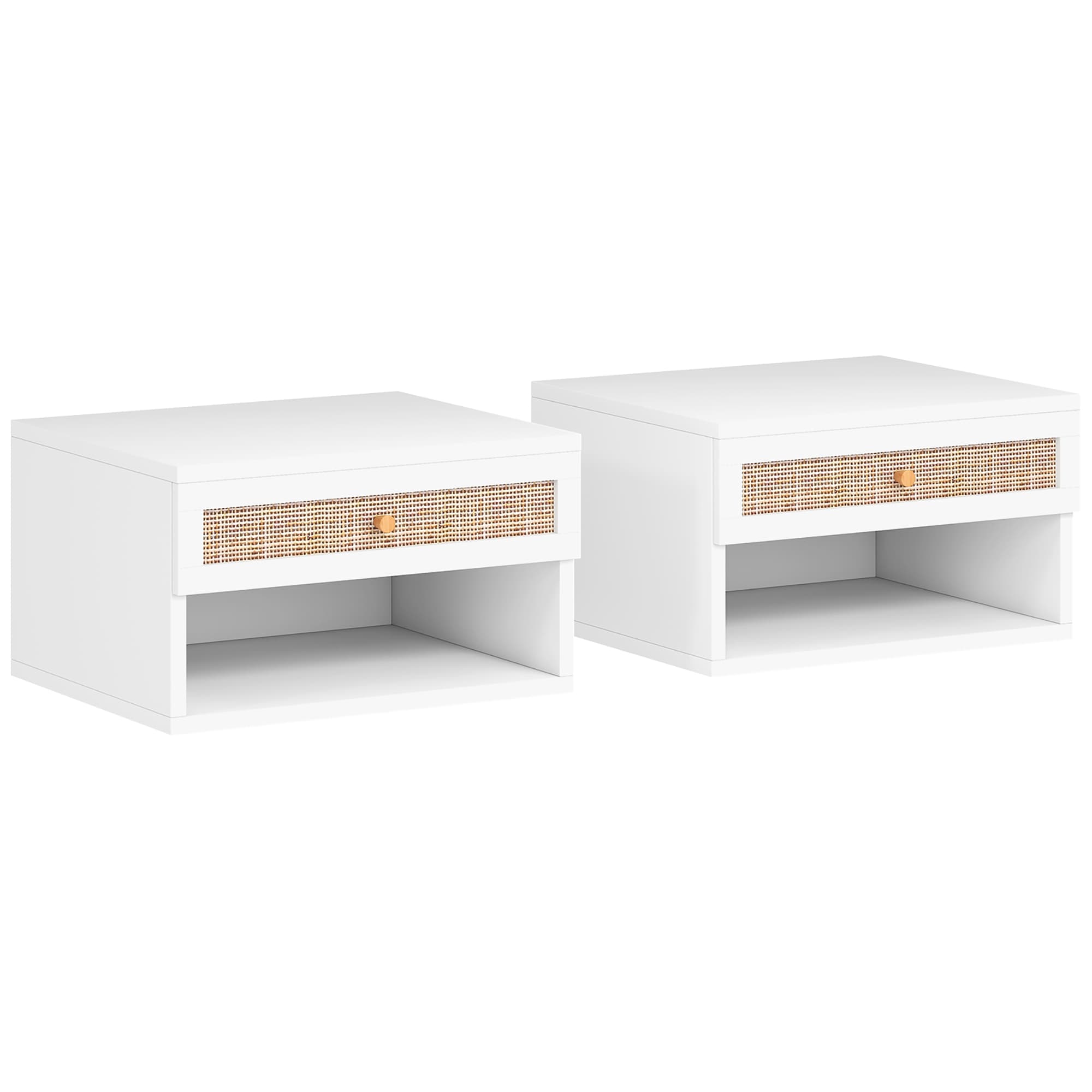 HOMCOM Conjunto de 2 Mesas de Cabeceiras Suspensas com Compartimento Aberto e Gaveta com Frente em Vime 40x34x23 cm Branco   Aosom Portugal
