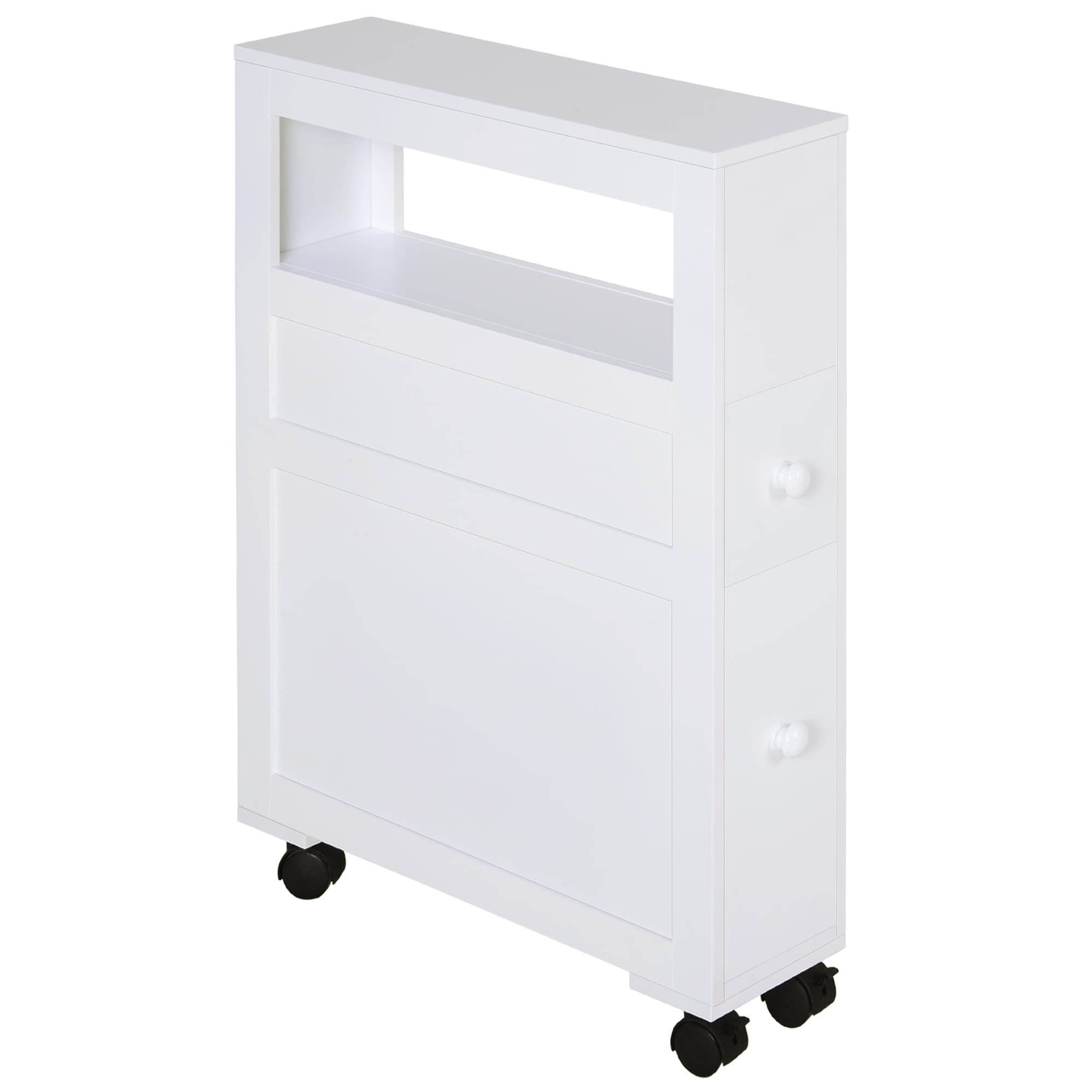 HOMCOM Armário Casa de Banho Armário WC para Espaços Reduzidos com 4 Rodas Prateleira Aberta e Gavetas 16x52x71,5 cm Branco   Aosom Portugal