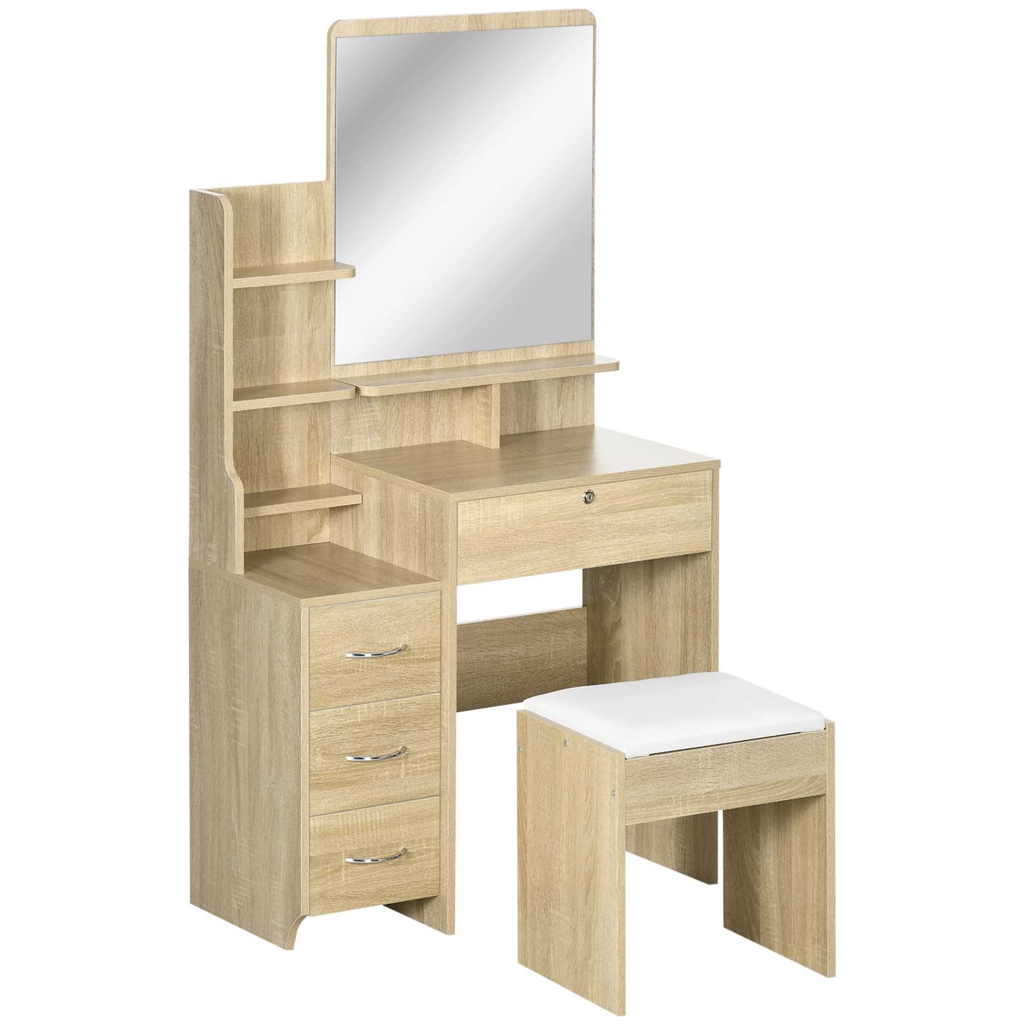 HOMCOM Toucador de Maquilhagem com Banco Espelho 4 Gavetas 4 Compartimentos de Armazenamento Estilo Moderno 80x38x143 cm Madeira   Aosom Portugal
