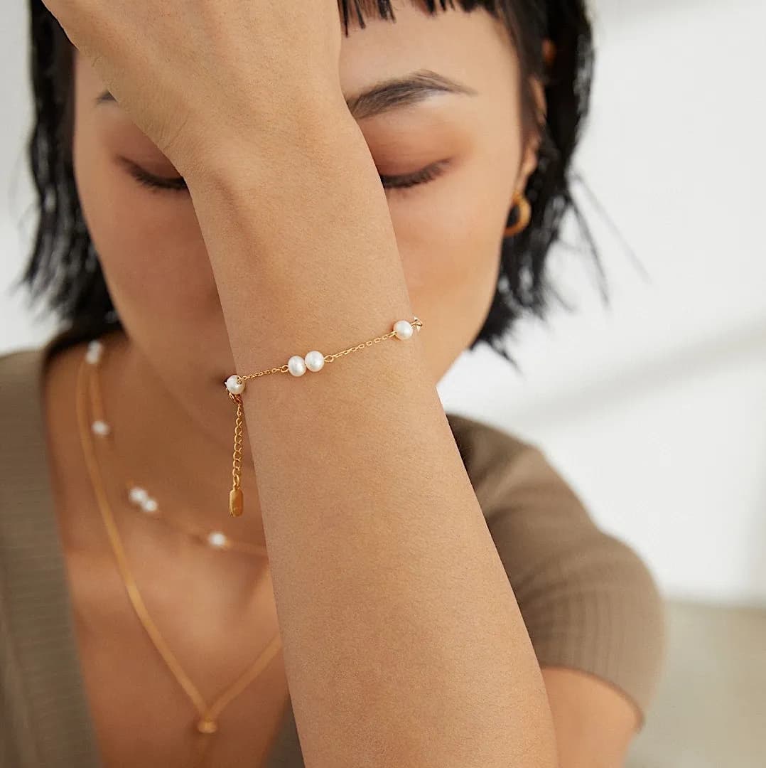 Pearl Gold Plated Chain Bracelet vintage yellow gold-18k gold plated silver