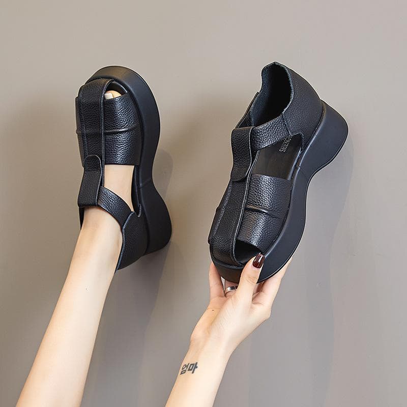 Fashion 5CM Cow Genuine Leather Flats Women Chunky Sneakers Hook Slippers Summer Platform Wedge Hook Microfiber Leather Sandals Shoes cm preto