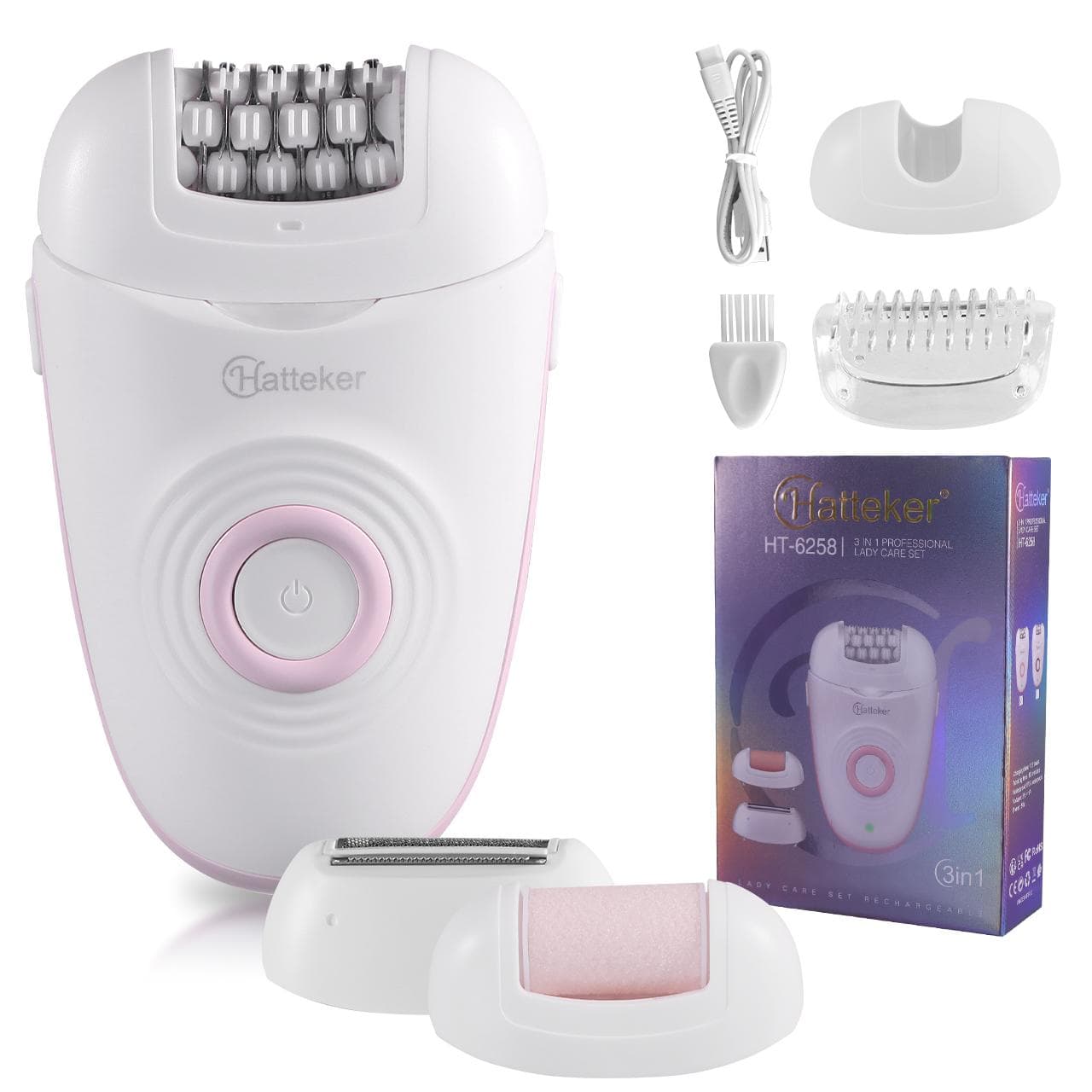Hatteker Lady Shaver com 3 lâminas intercambiáveis, depilador elétrico, removedor de calos, barbeador elétrico para pernas, braços, axilas e