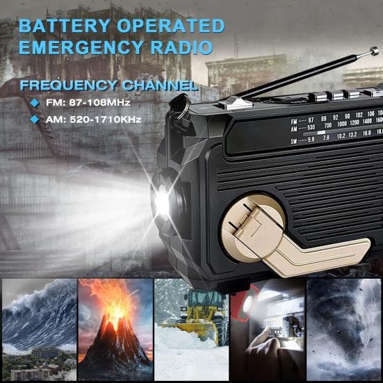 Rádio de Emergência Solar com Manivela Recarregável à Prova d'Água Alto-falante Compatível com Bluetooth Rádio AM/FM Alimentado por Energia