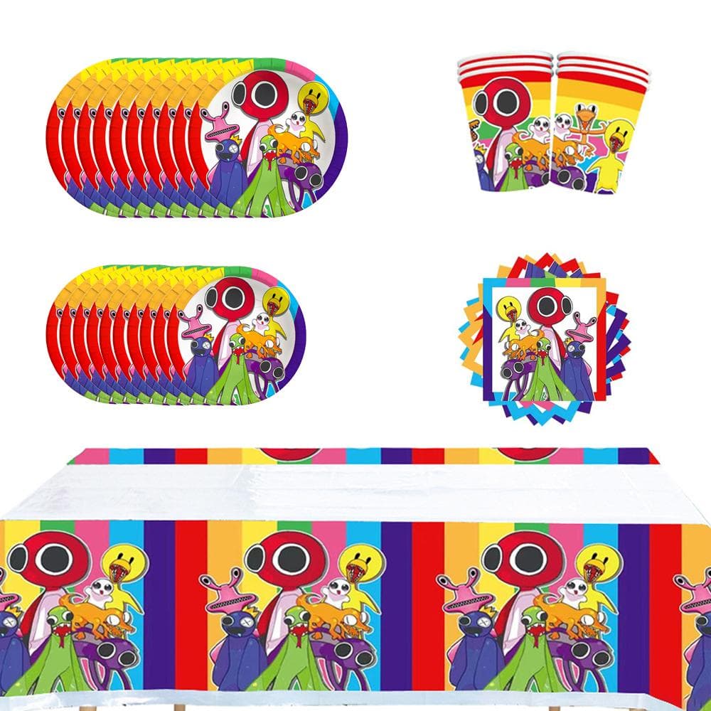 Conjunto de Mesa para Festa Rainbow Friends inclui Copos Pratos Guardanapos Toalha de Mesa