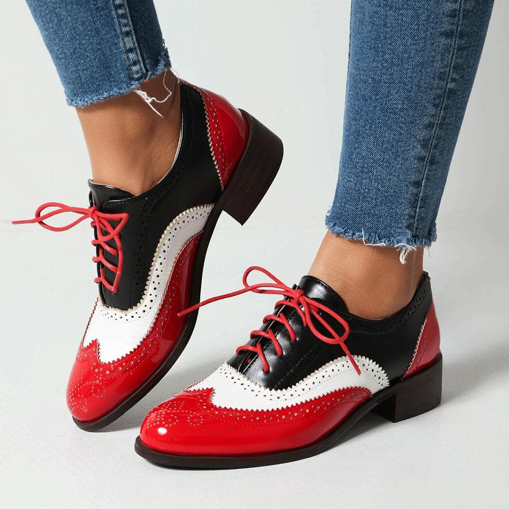 Dropship Sapatos Brogue Retrô Patchwork Britânico Feminino Primavera Vintage de Amarrar Salto Baixo Quadrado Mary Janes Scarpins Tamanho Grande 48