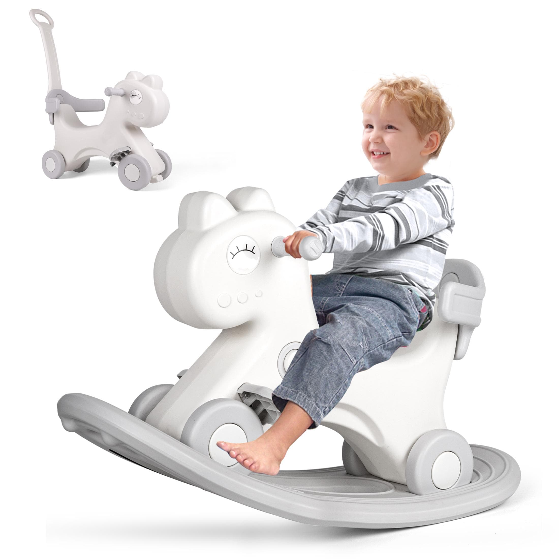 Cavalo de Balanço, Balancim com Alça de Empurrar para Segurança Infantil para Crianças Pequenas de 1/2/3 Anos Brinquedo de Montar Presente de