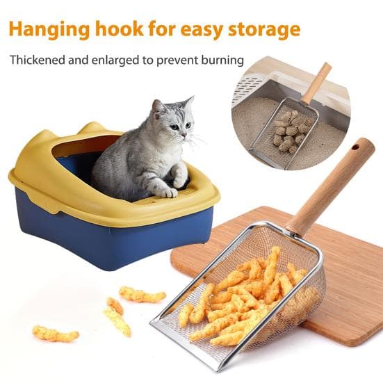 Pá para areia de gato com cabo de madeira ergonômico, design de malha oca reutilizável, ferramenta de limpeza multifuncional para cocô de animais