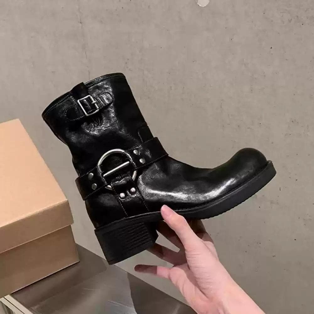 Cowhide version~ genuine leather retro metal buckle thick heel western short boots women's autumn and winter new punk locomotive knight boots cm preto