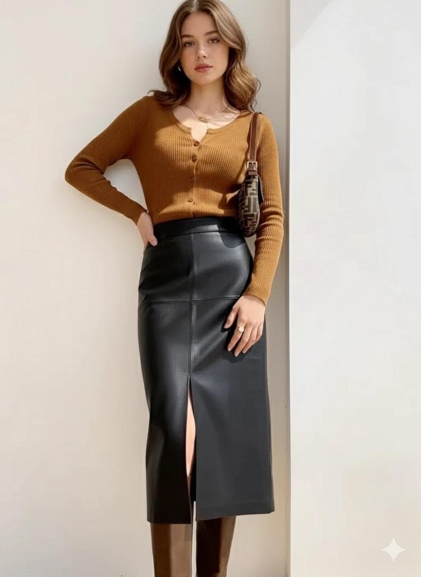 Women's Skirt Stylish Long Black Genuine Lambskin Leather Handmade Fashion Party cm preto