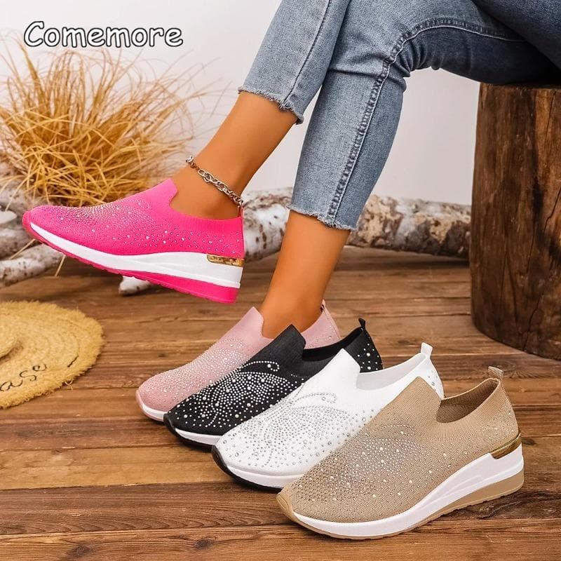 Moda Novos Tênis Plataforma Anabela Feminino Bico Redondo Tênis Casuais Moda Slip-on Antiderrapante Malha Calçados Bling Feminino Tamanho Grande 36