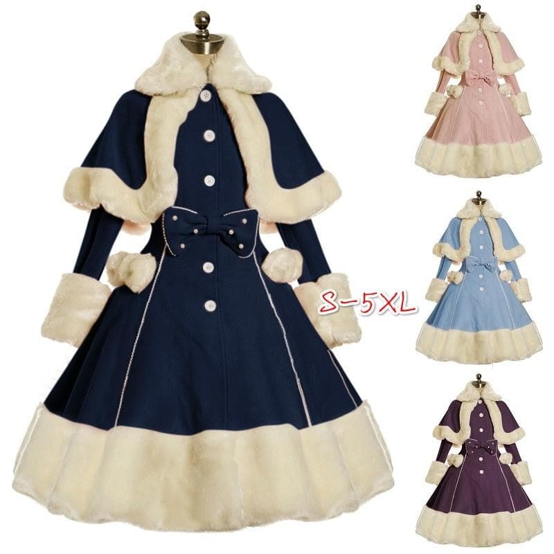 Moda feminina manga comprida casacos de pele vintage gótico vitoriano bonito lolita bowknot vestido outono inverno quente lapela vestidos casaco