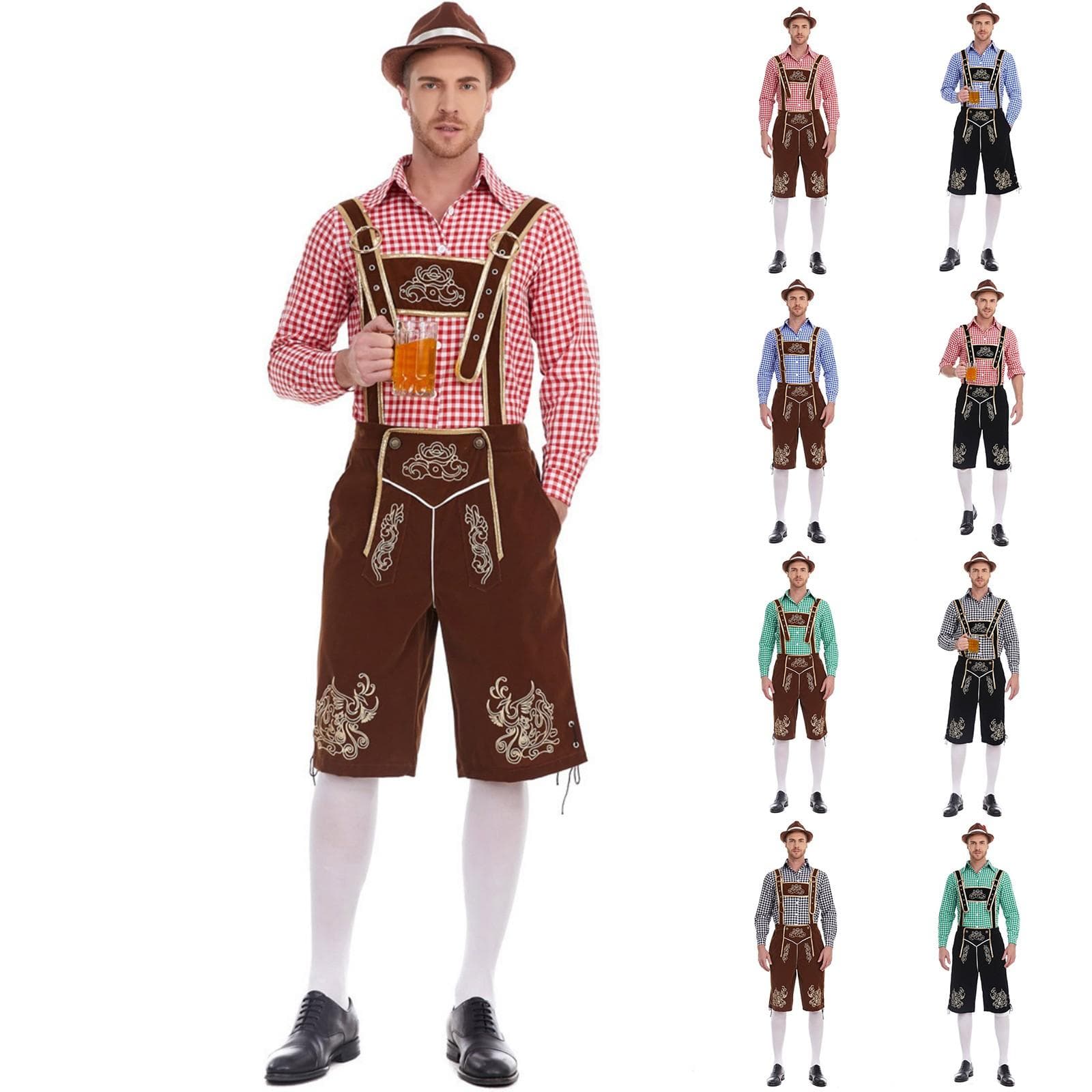 Traje Bávaro Oktoberfest Masculino - Conjunto Camisa Xadrez e Calças com Suspensórios cm luz-cor marrom